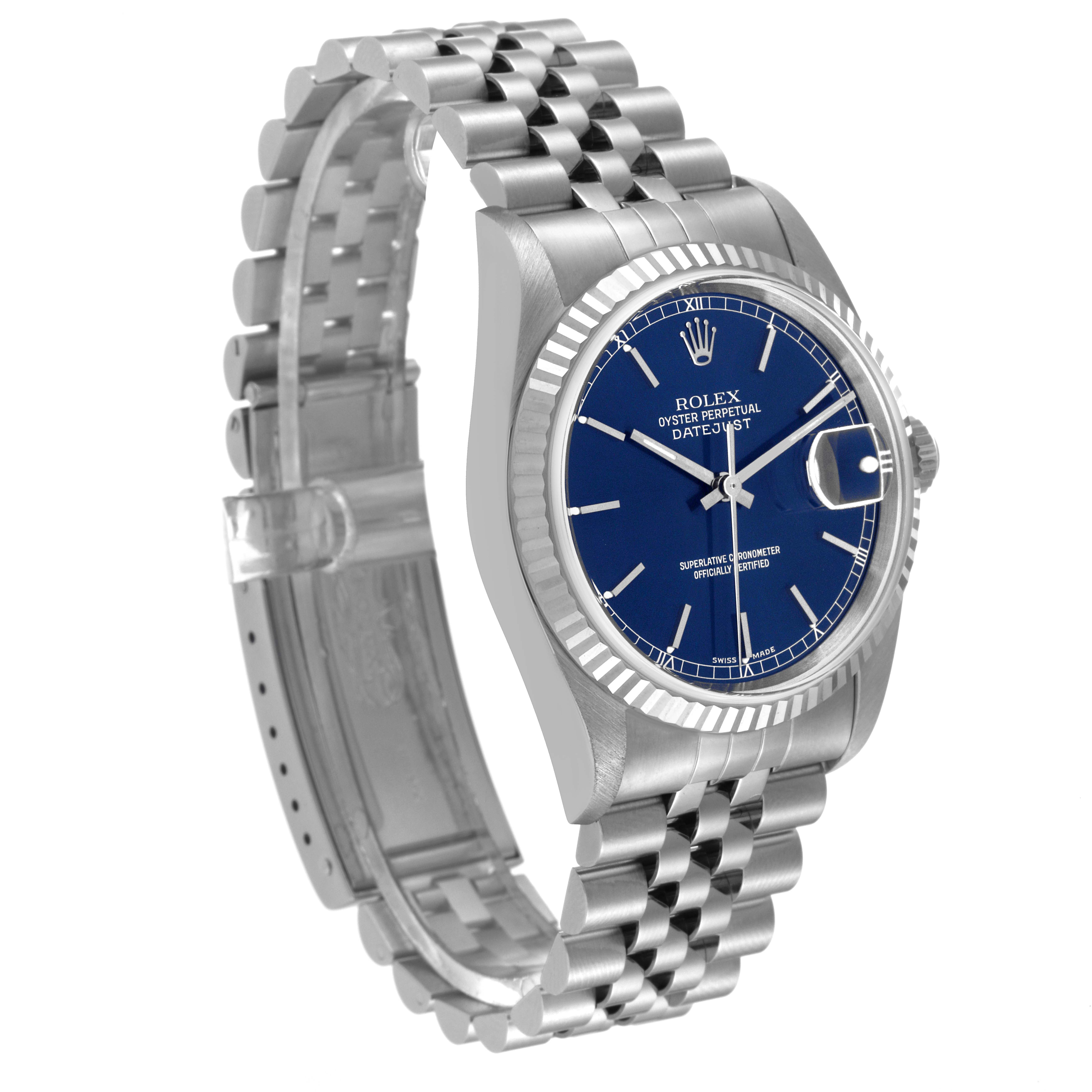 This is a side angle view showing the face, bezel, bracelet, and clasp of the Rolex Datejust 16234 Men's Stainless Steel Blue Dial 16234 Men's Stainless Steel Blue Dial watch.