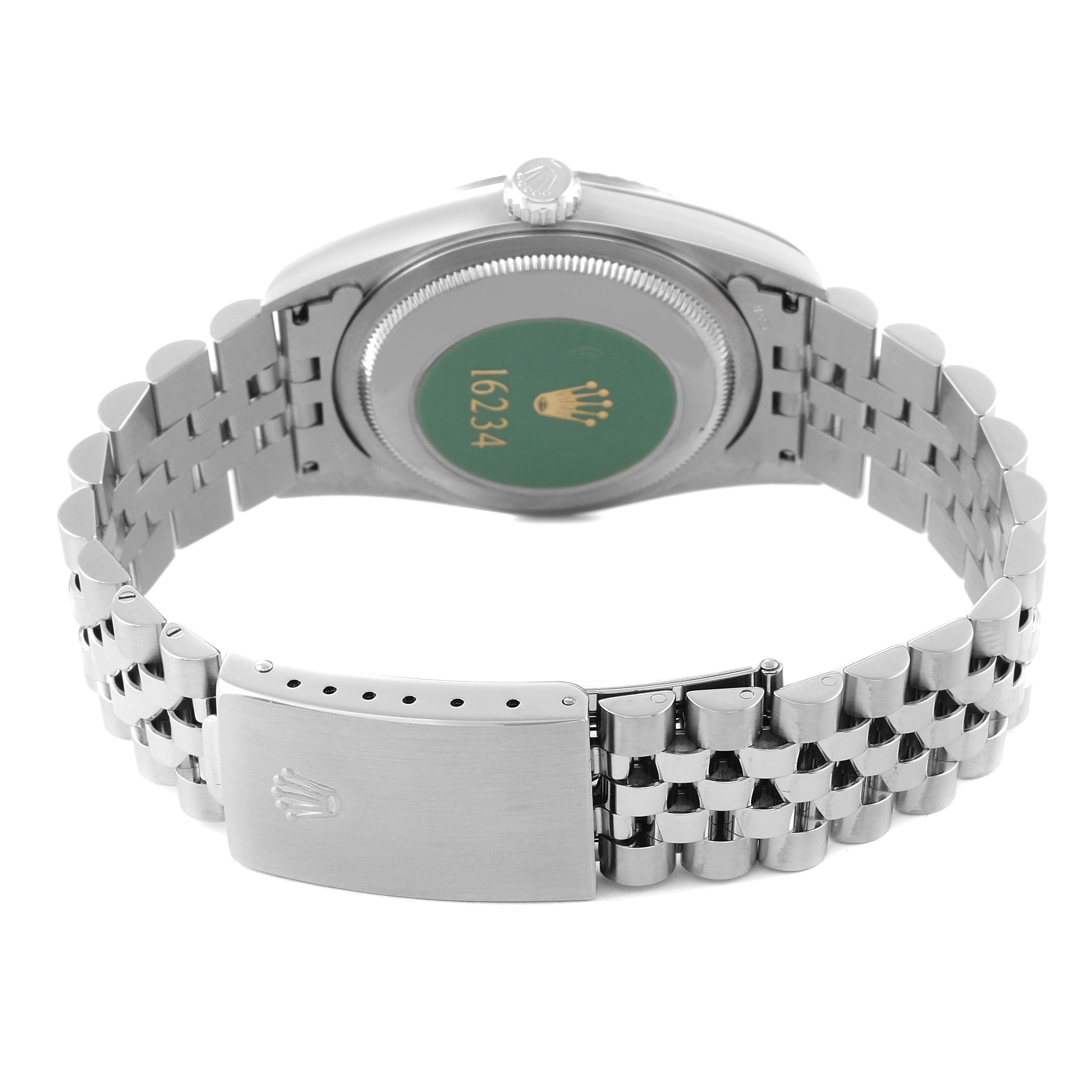 The image shows the back view of the Rolex Datejust 16234 Men's Stainless Steel Blue Dial 16234 Men's Stainless Steel Blue Dial watch, highlighting its case back, crown, and jubilee bracelet with clasp.