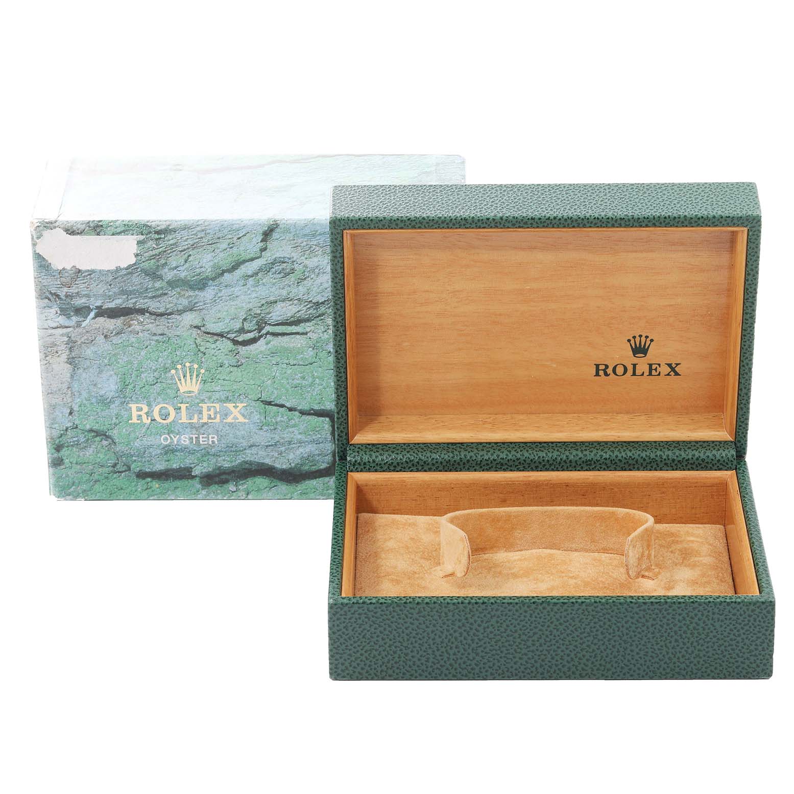 The image shows an open green Rolex watch box for a Datejust model, with an outer packaging box visible behind it.