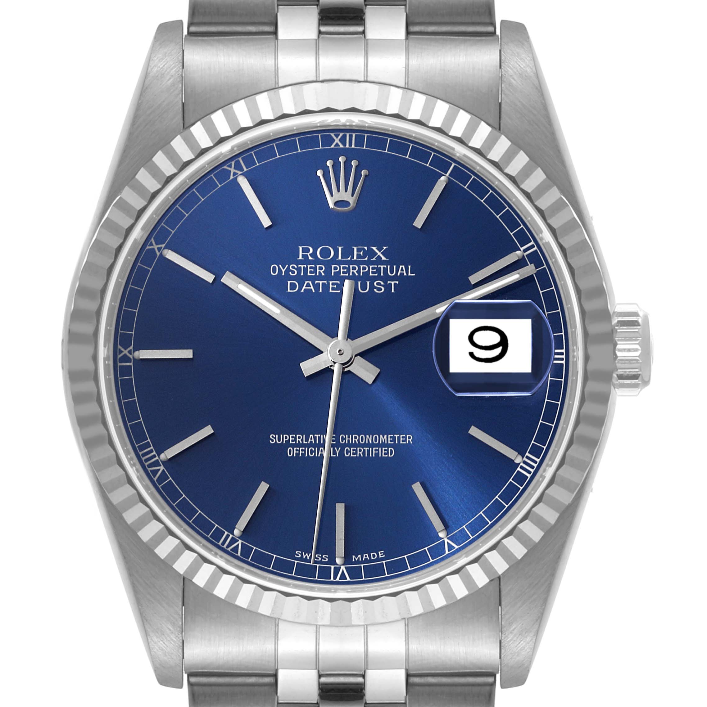 This is a close-up view of the Rolex Datejust 16234 Men's Stainless Steel Blue Dial 16234 Men's Stainless Steel Blue Dial watch's blue dial, hands, bezel, and date magnifier.