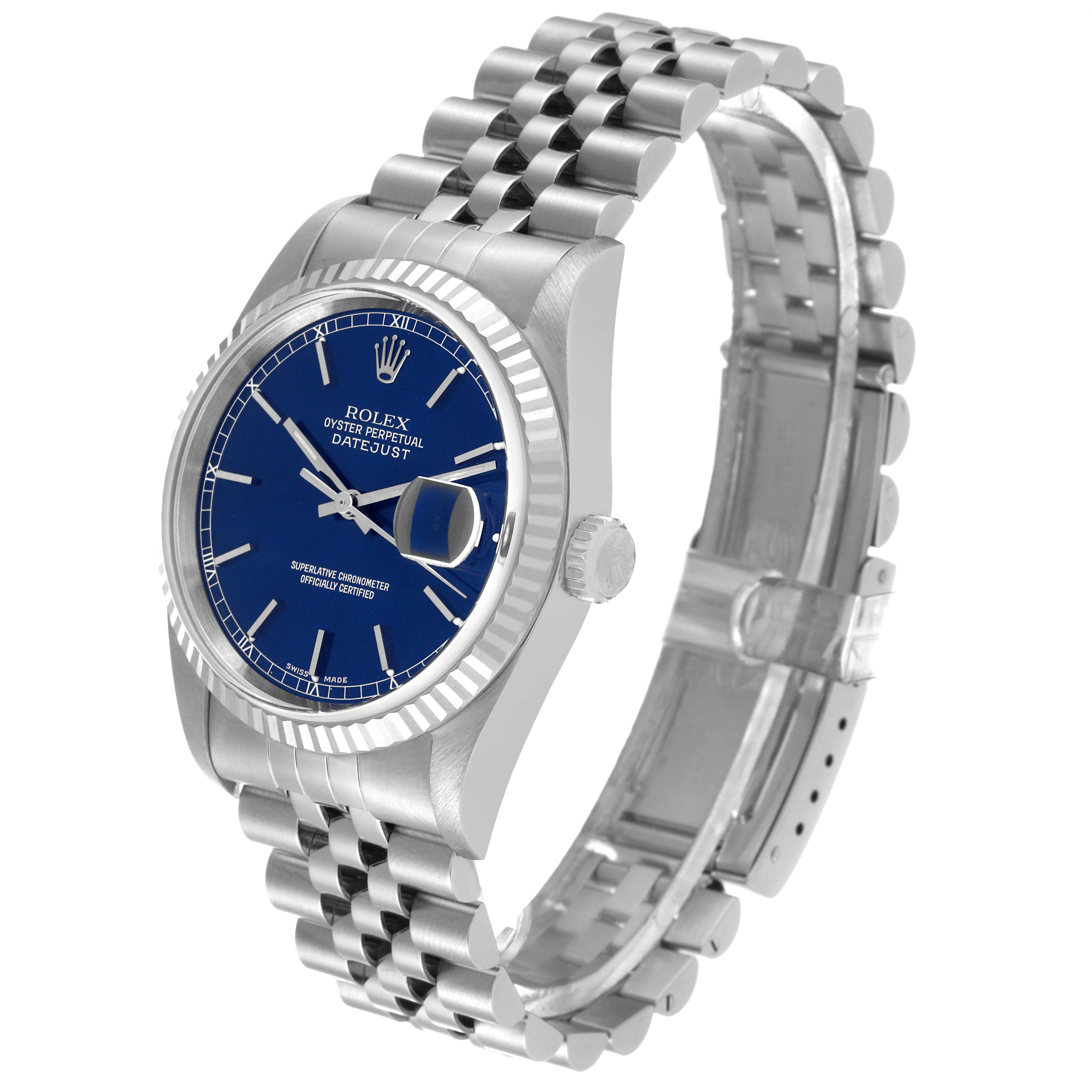 The image shows a Rolex Datejust 16234 Men's Stainless Steel Blue Dial 16234 Men's Stainless Steel Blue Dial watch angled to display the blue dial, fluted bezel, crown, and Jubilee bracelet.