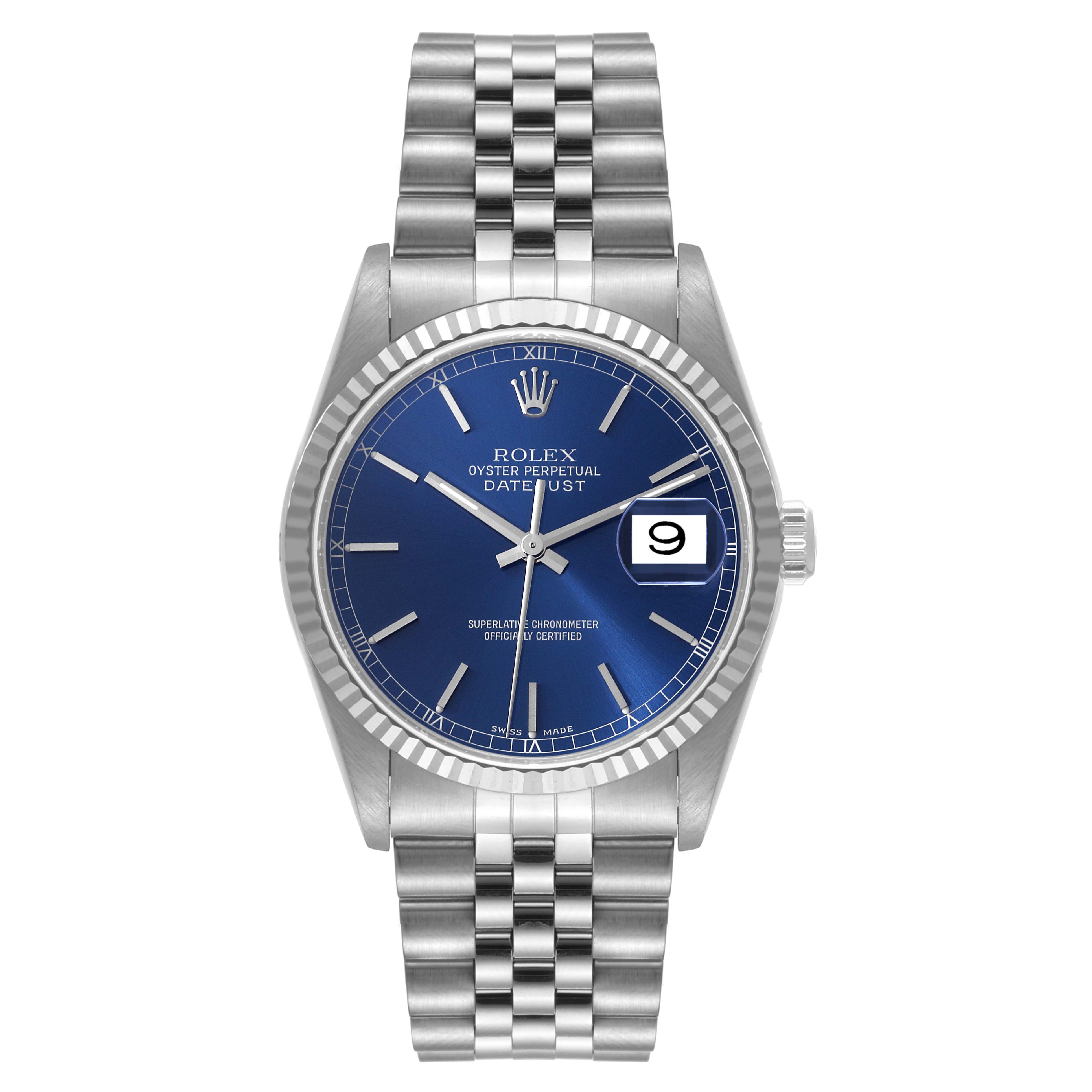 This image shows a Rolex Datejust 16234 Men's Stainless Steel Blue Dial 16234 Men's Stainless Steel Blue Dial watch from the front, highlighting its blue dial, date display, and stainless steel bracelet.