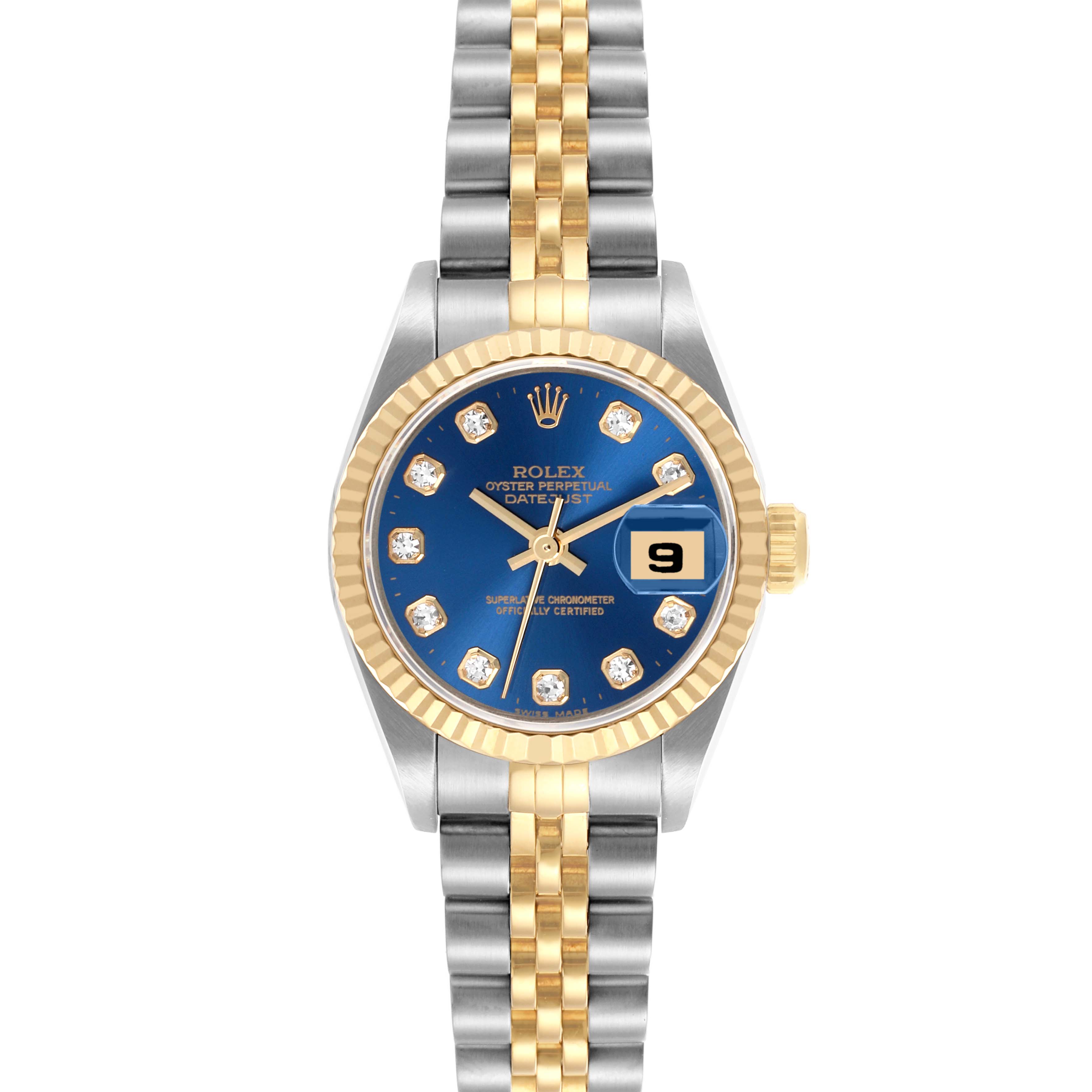 This Rolex Datejust 69173 Women's Steel and Gold (two tone) Blue Dial 69173 Women's Steel and Gold (two tone) Blue Dial watch is shown from the front, displaying the dial, fluted bezel, and two-tone bracelet.