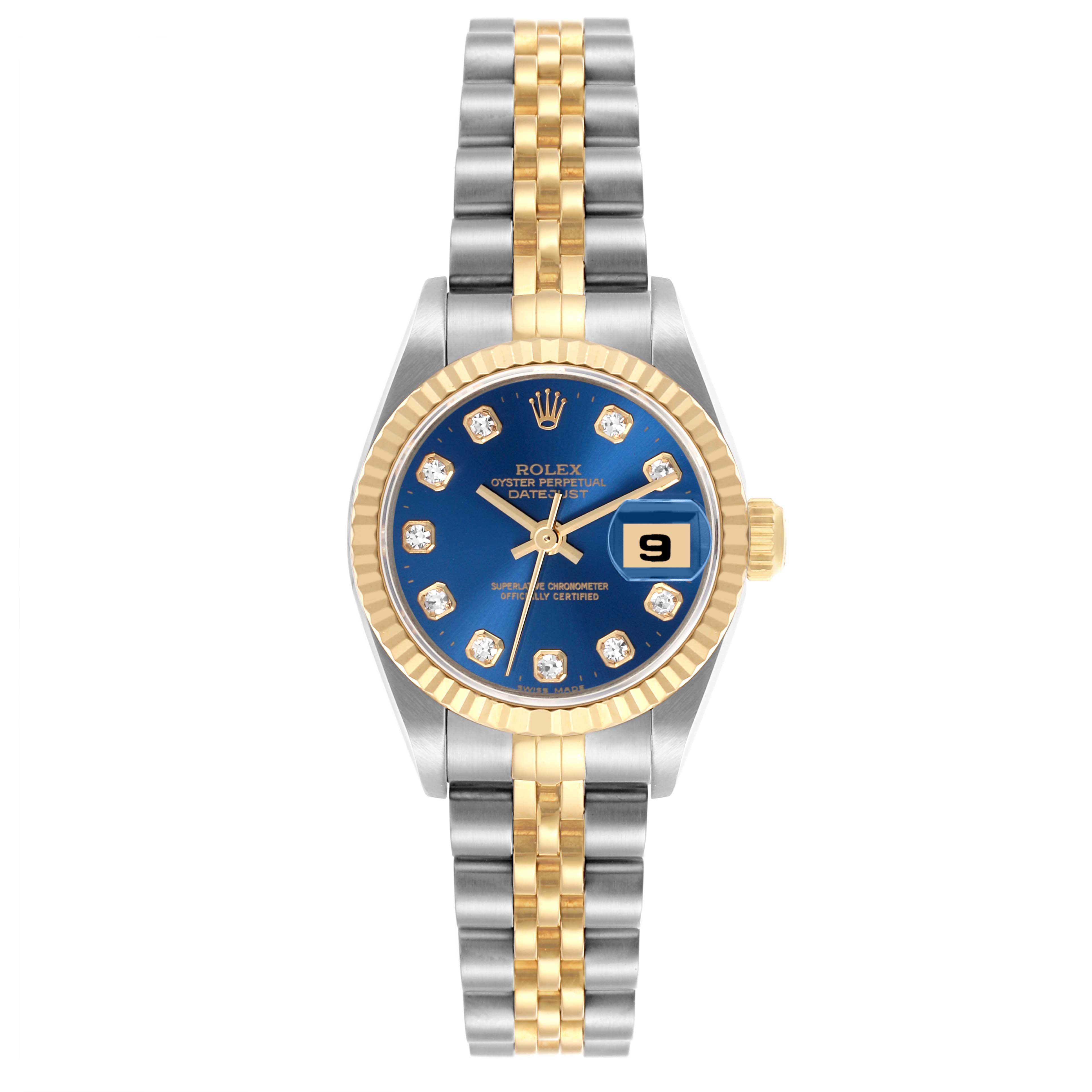 The Rolex Datejust 69173 Women's Steel and Gold (two tone) Blue Dial 69173 Women's Steel and Gold (two tone) Blue Dial watch is shown from a front angle, featuring a blue dial, gold bezel, and two-tone bracelet.