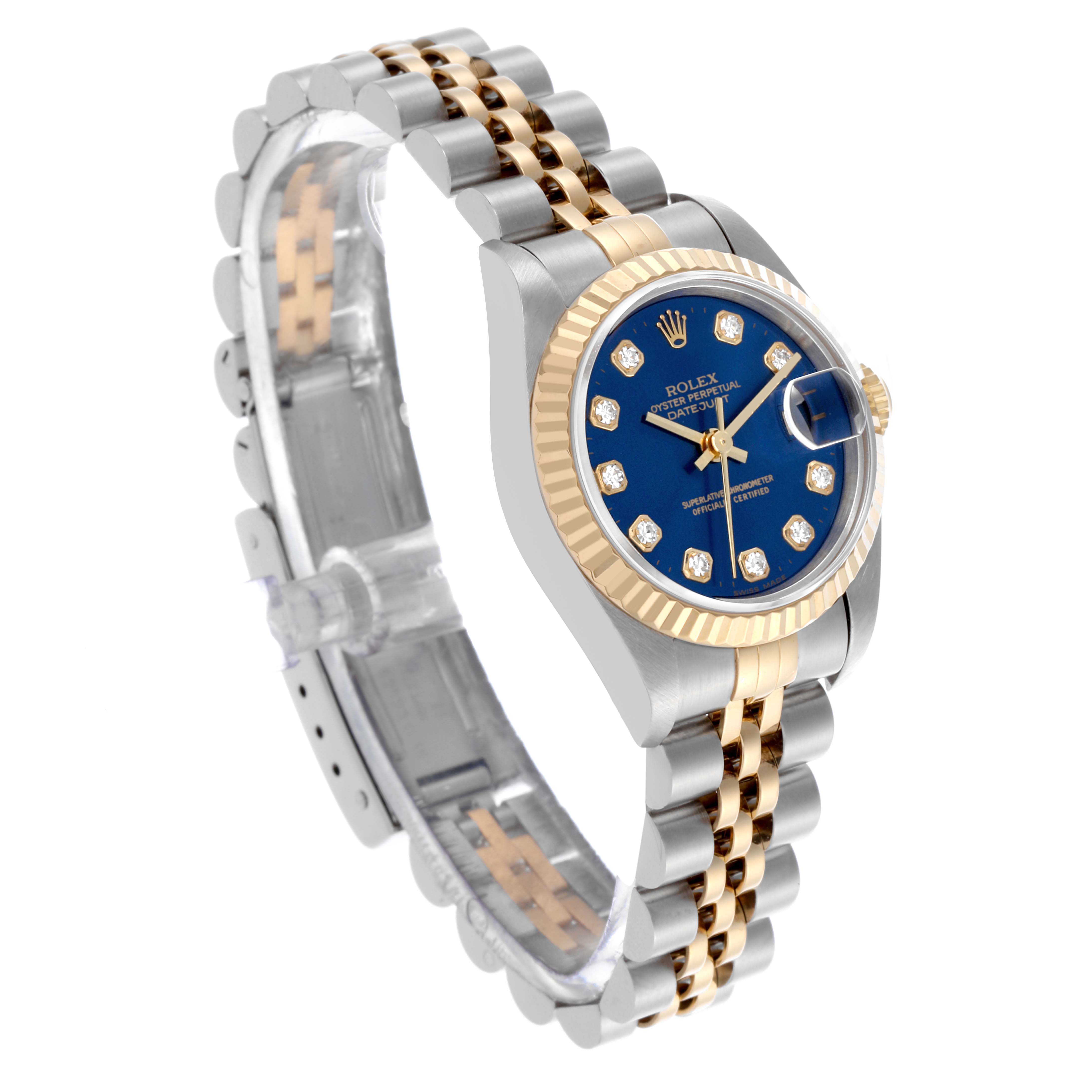 The Rolex Datejust 69173 Women's Steel and Gold (two tone) Blue Dial 69173 Women's Steel and Gold (two tone) Blue Dial watch is shown at a slight angle, displaying its two-tone bracelet, fluted bezel, and blue diamond dial.