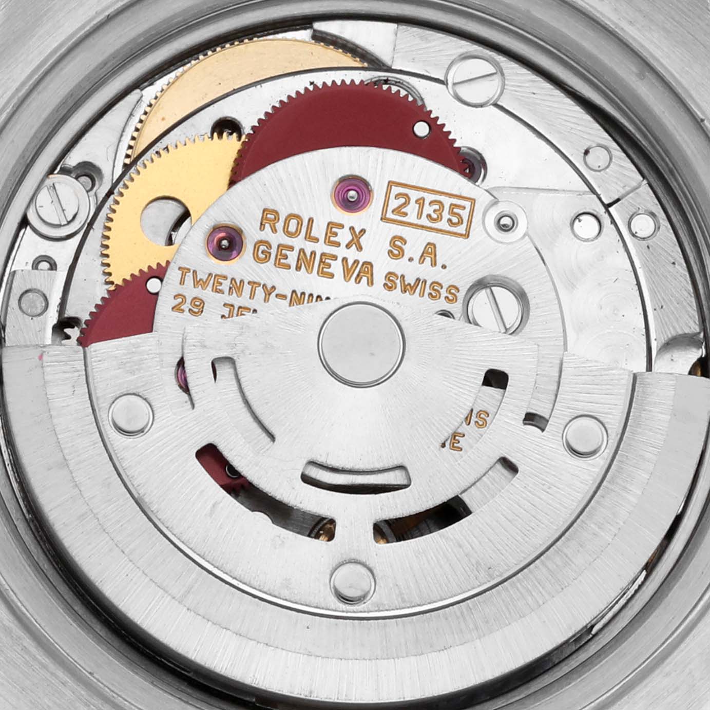 This image shows the internal movement mechanism of a Rolex Datejust 69173 Women's Steel and Gold (two tone) Blue Dial 69173 Women's Steel and Gold (two tone) Blue Dial watch, highlighting gears and the rotor from a top-down angle.