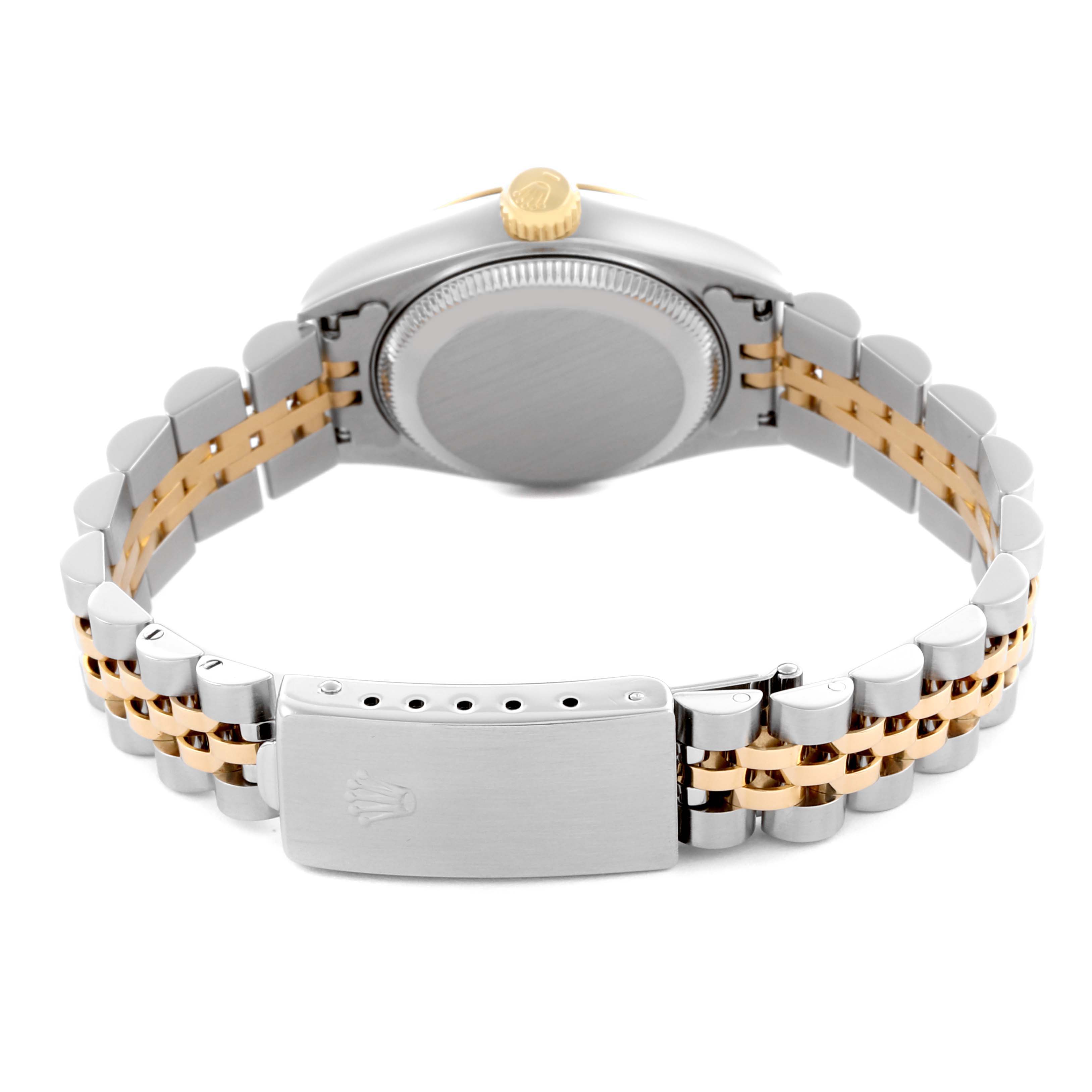 The image shows the Rolex Datejust 69173 Women's Steel and Gold (two tone) Blue Dial 69173 Women's Steel and Gold (two tone) Blue Dial watch from the back, highlighting the case back, crown, and two-tone jubilee bracelet with clasp.