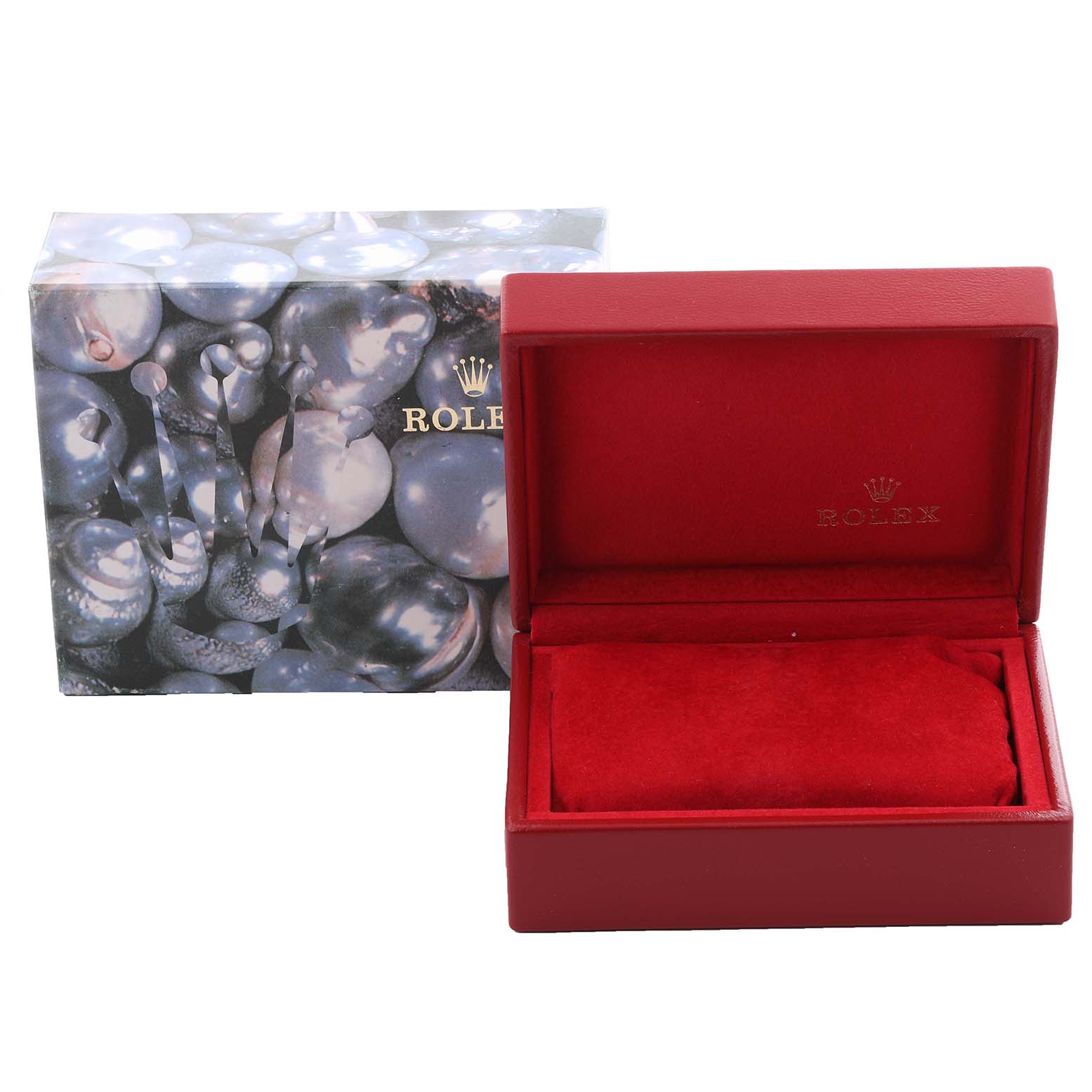 The image shows a red Rolex Datejust 69173 Women's Steel and Gold (two tone) Blue Dial 69173 Women's Steel and Gold (two tone) Blue Dial watch box with the lid open, next to its decorative outer box.