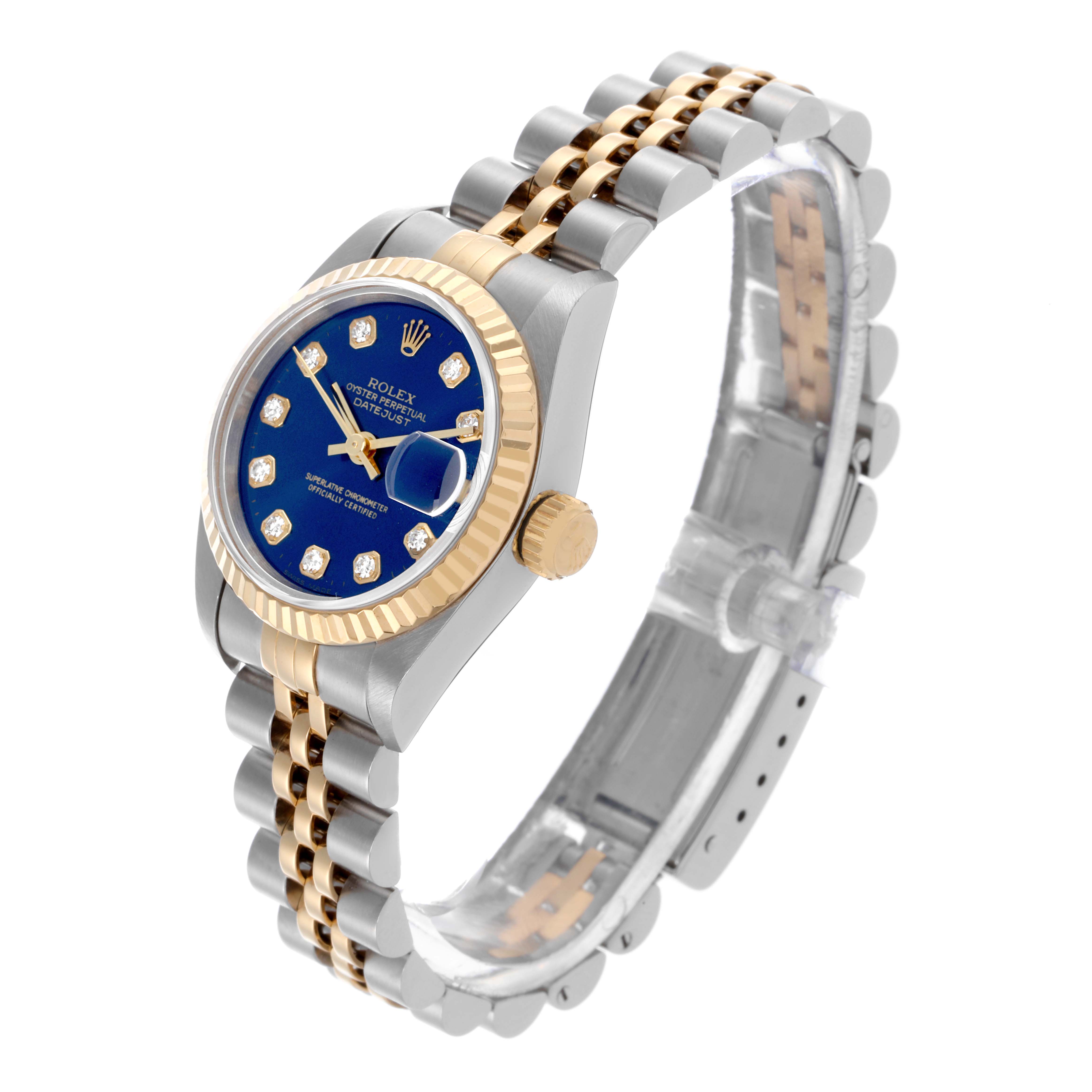 The Rolex Datejust 69173 Women's Steel and Gold (two tone) Blue Dial 69173 Women's Steel and Gold (two tone) Blue Dial watch is shown at a slight angle, revealing the face, bezel, crown, and part of the bracelet.