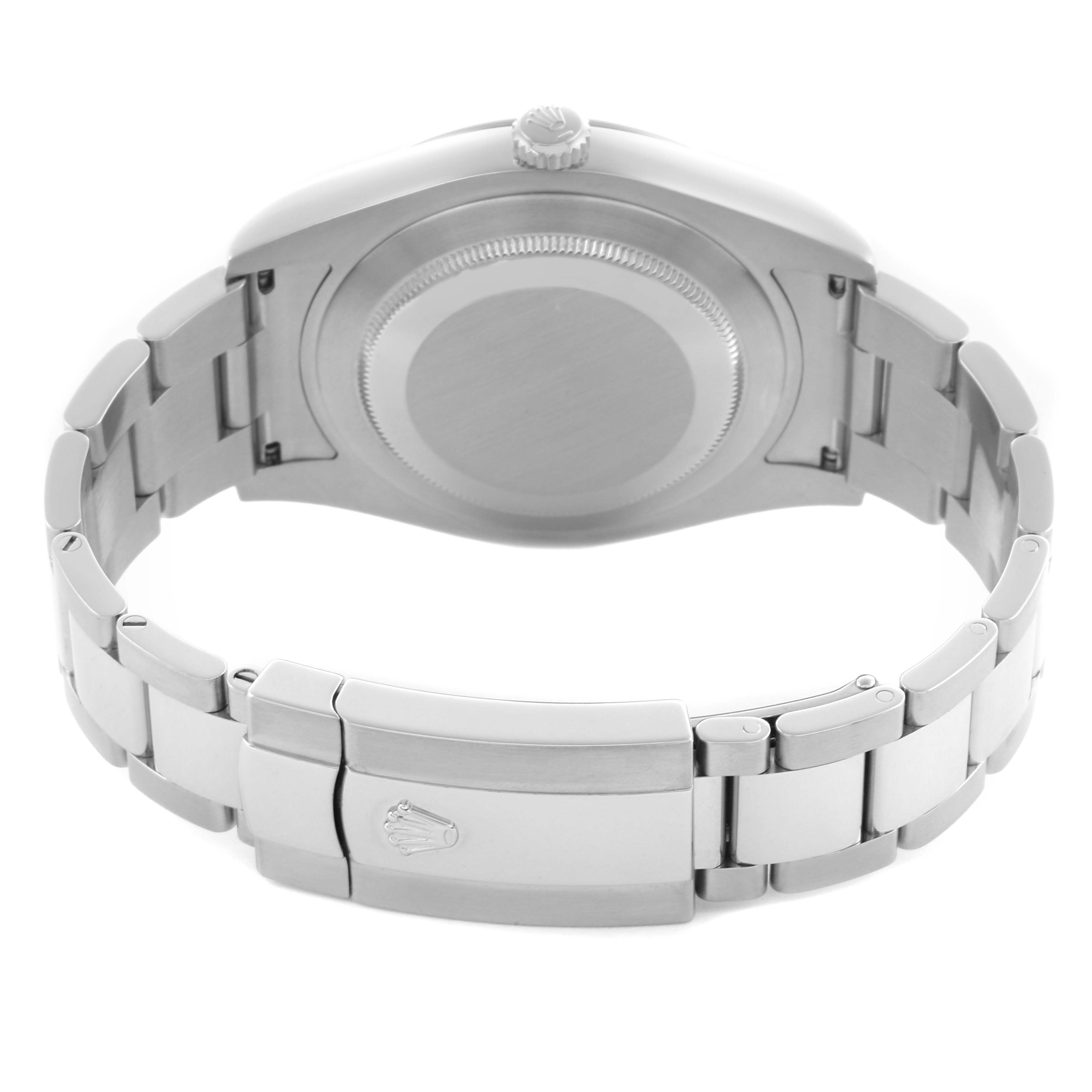 The image shows the back view of a Rolex Datejust 41 116300 Men's Stainless Steel Silver Dial 116300 Men's Stainless Steel Silver Dial, highlighting its case back, crown, and bracelet clasp.