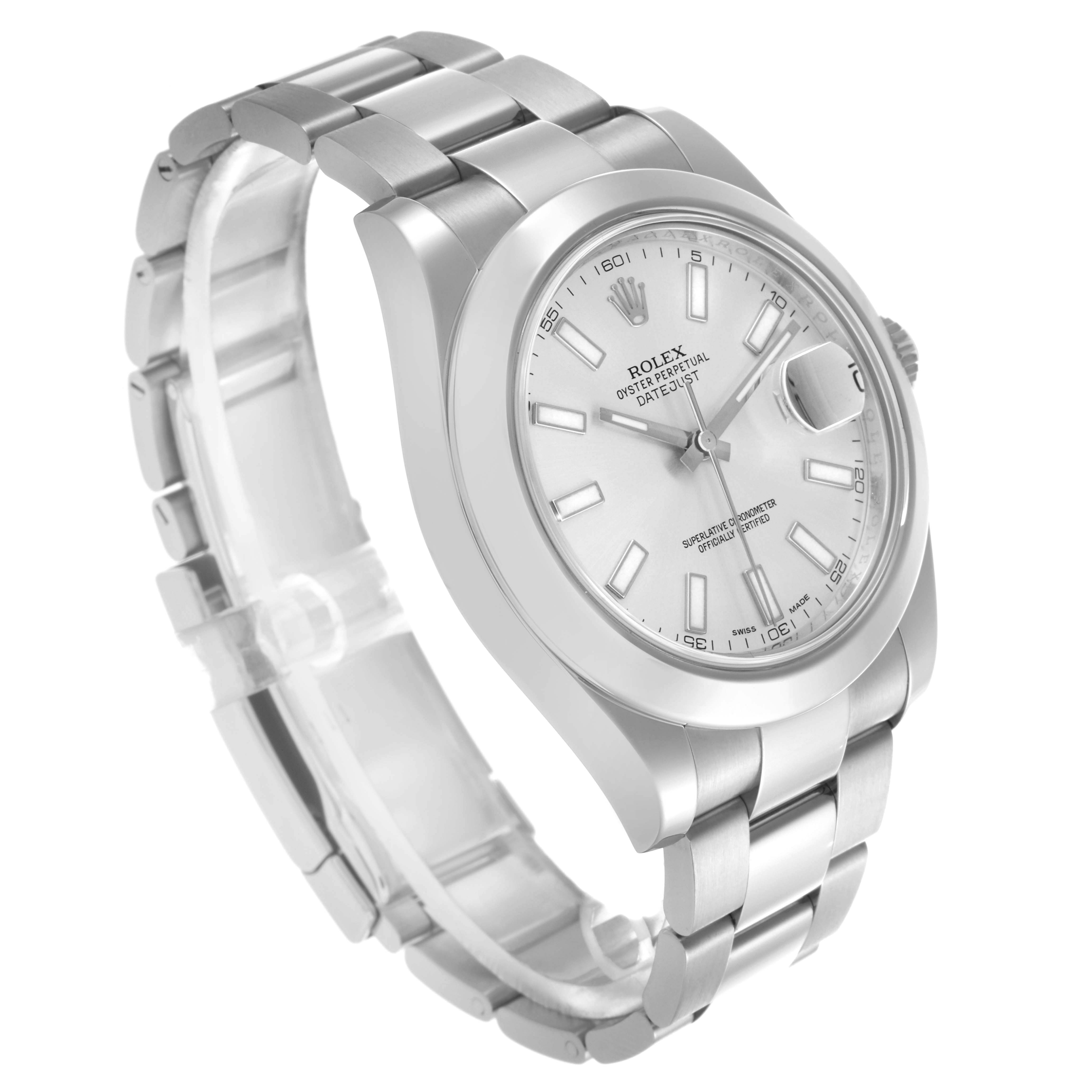 The Rolex Datejust 41 116300 Men's Stainless Steel Silver Dial 116300 Men's Stainless Steel Silver Dial is shown from a three-quarter angle, highlighting the dial, bezel, and bracelet.