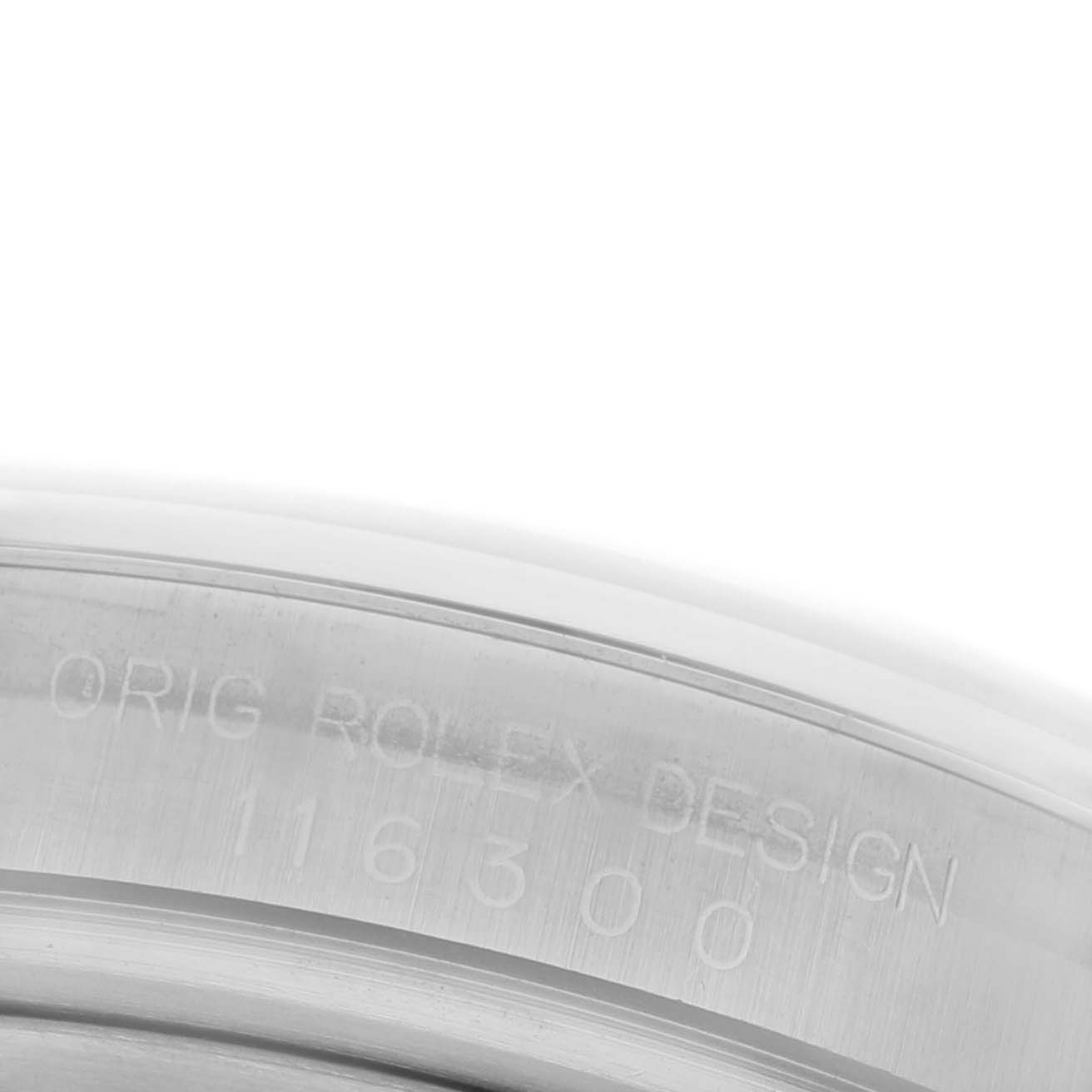 The image shows a close-up of the side of a Rolex Datejust 41 116300 Men's Stainless Steel Silver Dial 116300 Men's Stainless Steel Silver Dial, focusing on the engraved model details.