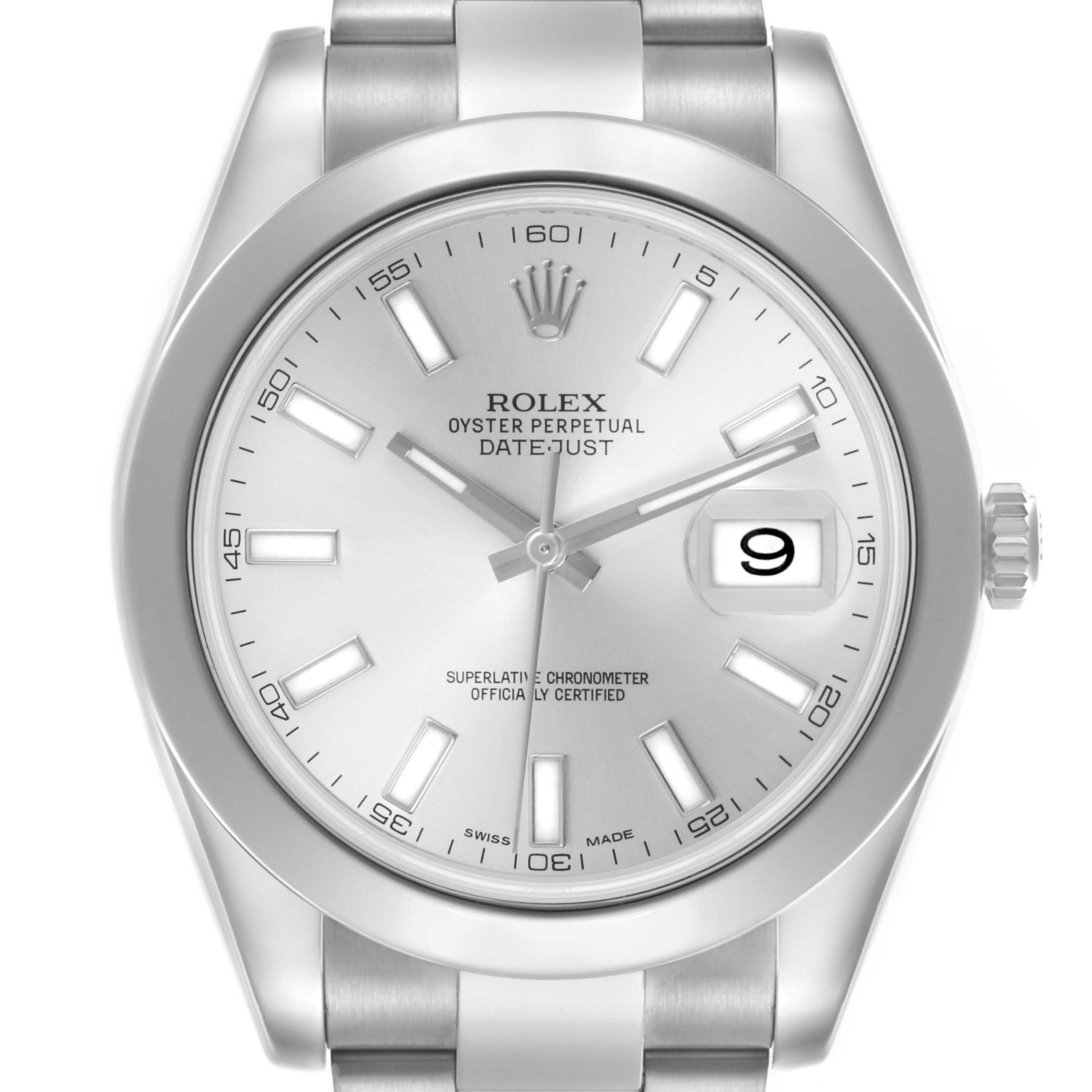 The Rolex Datejust 41 116300 Men's Stainless Steel Silver Dial 116300 Men's Stainless Steel Silver Dial watch is shown from a front angle, displaying the dial, hands, bezel, and part of the bracelet.