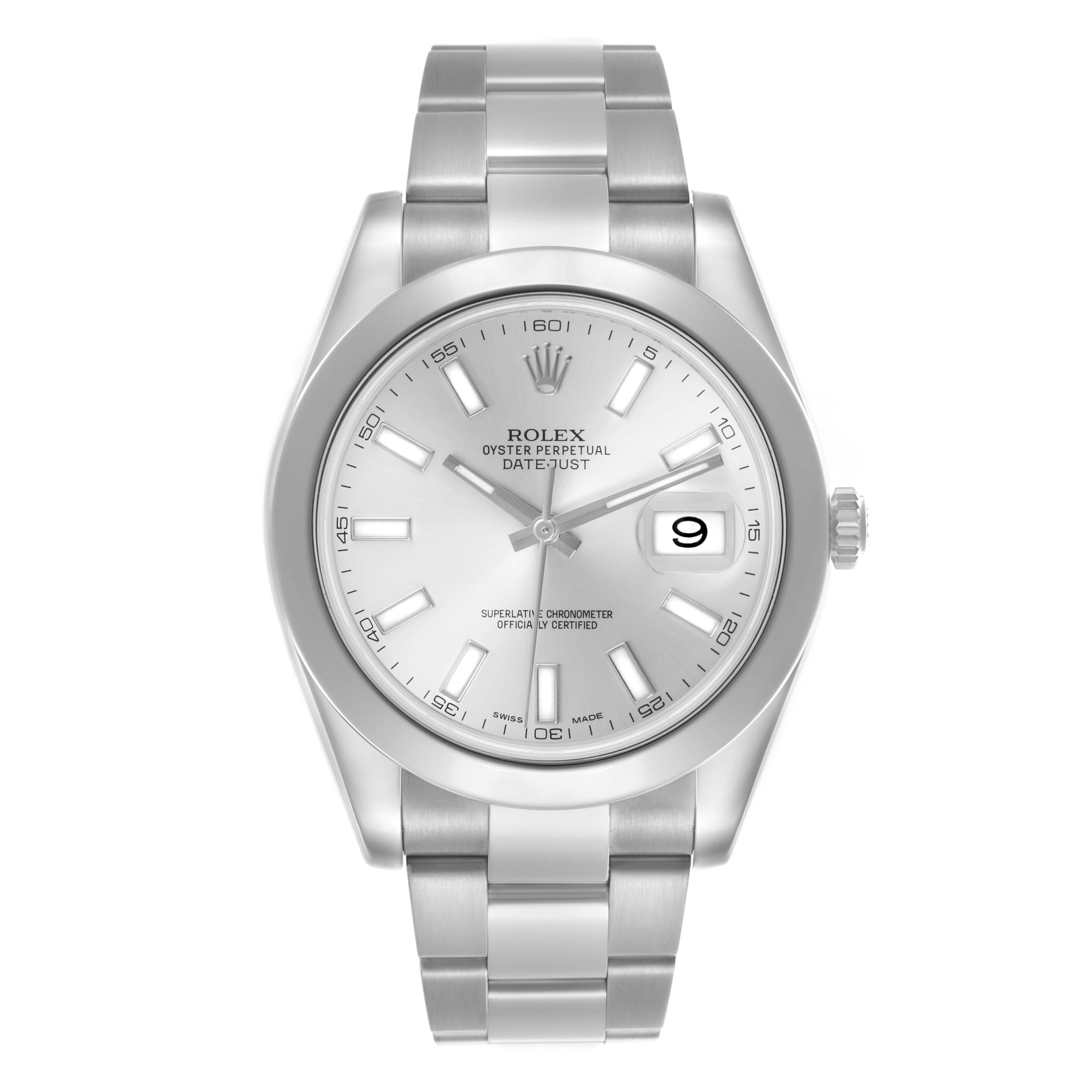 The Rolex Datejust 41 116300 Men's Stainless Steel Silver Dial 116300 Men's Stainless Steel Silver Dial is shown from a front angle, highlighting the dial, hands, and bracelet.