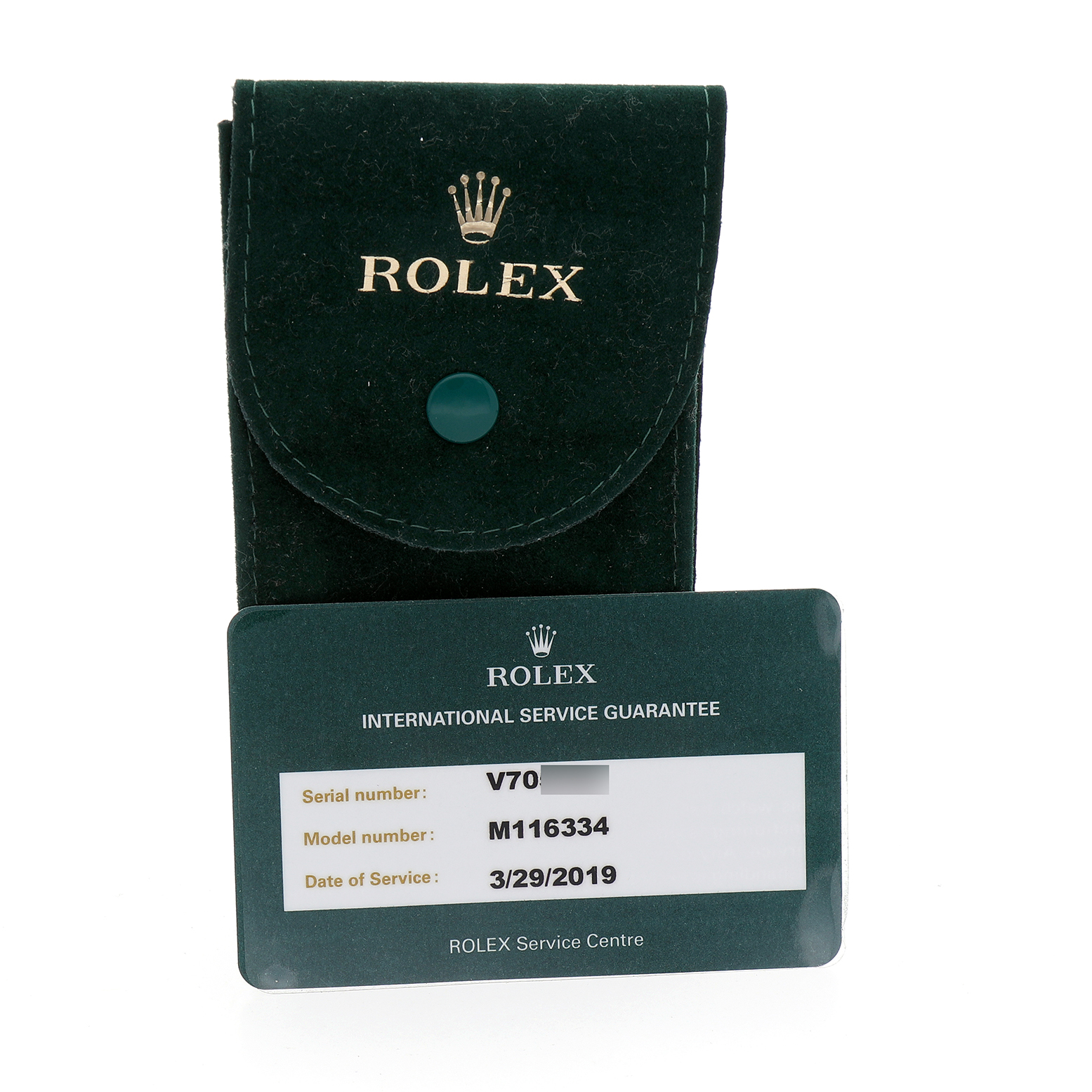 The image shows a black Rolex pouch and an international service guarantee card for the Rolex Datejust 41 116334 Men's Stainless Steel Blue Dial.