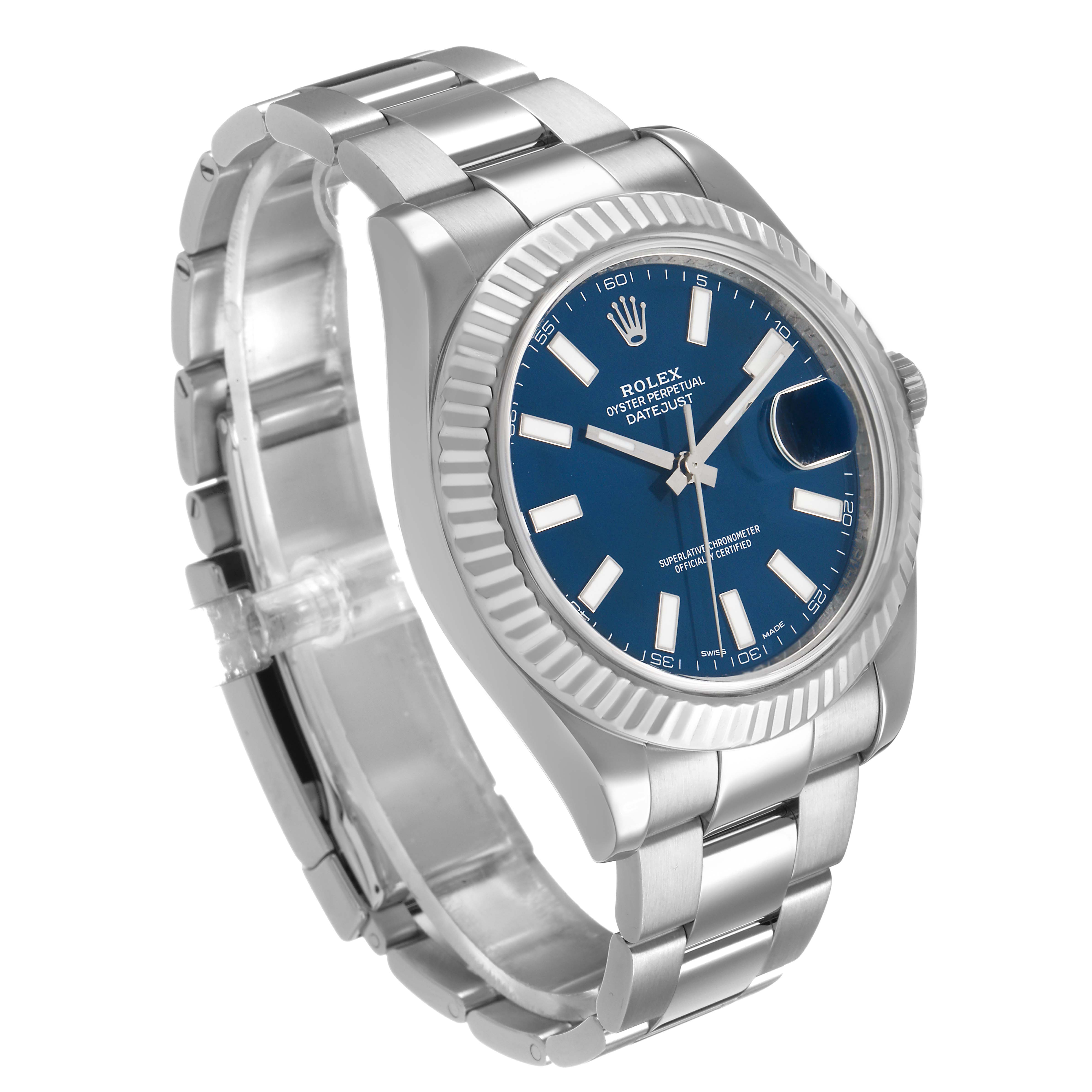 The Rolex Datejust 41 116334 Men's Stainless Steel Blue Dial watch is shown at a three-quarter angle, highlighting the face, bezel, bracelet, and crown.