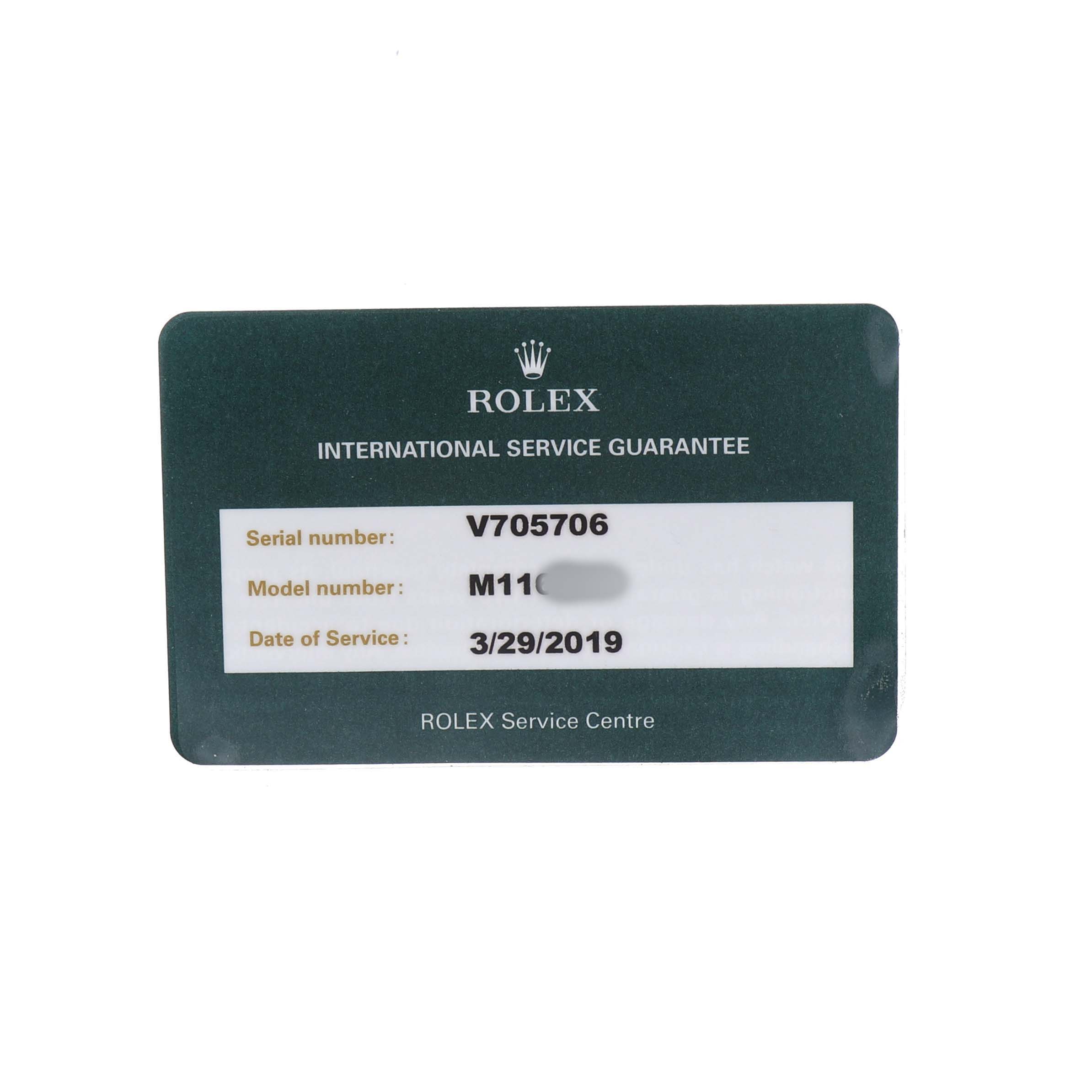 This image shows a Rolex Datejust 41 116334 Men's Stainless Steel Blue Dial service guarantee card with serial, model numbers, and service date.
