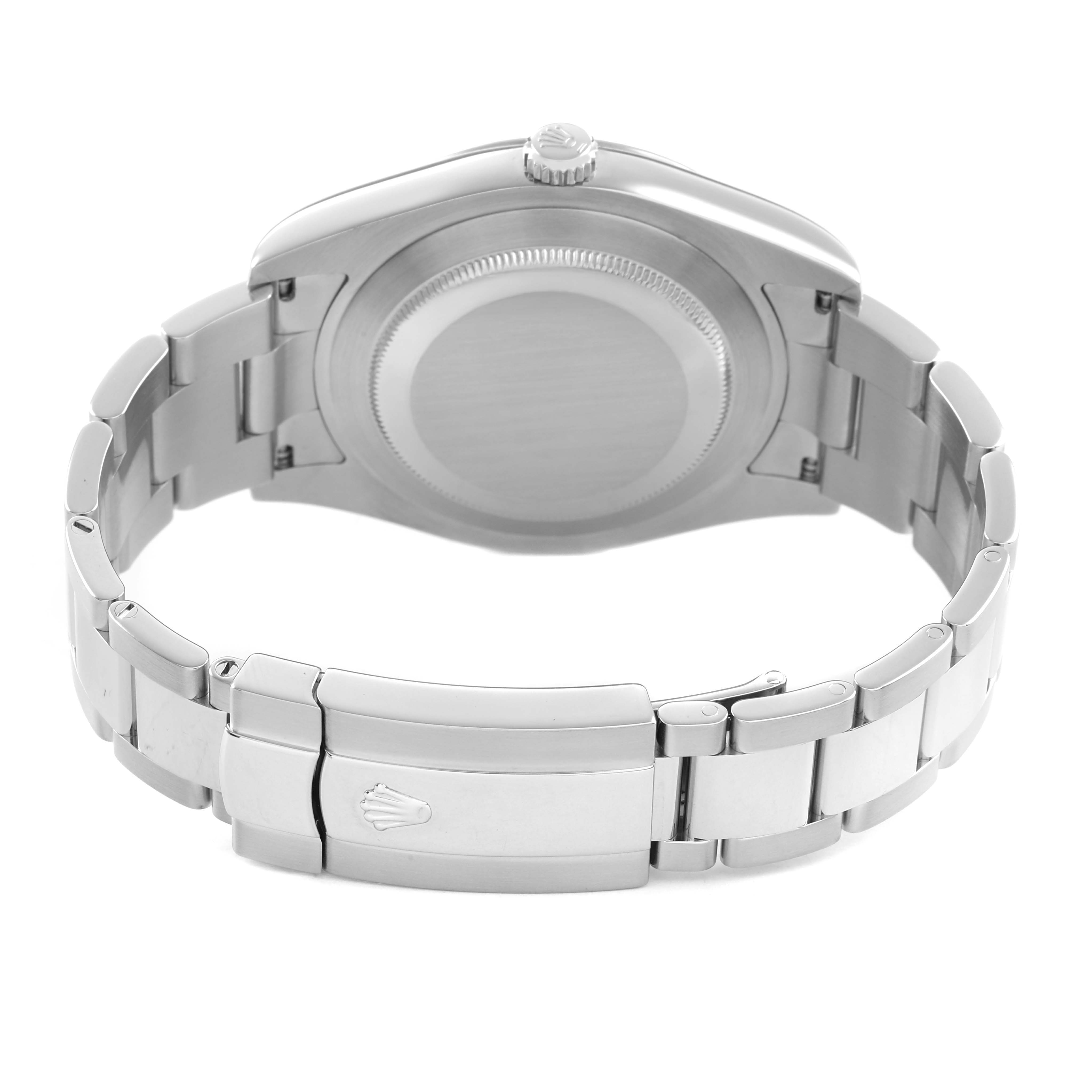 The image shows the back view of a Rolex Datejust 41 116334 Men's Stainless Steel Blue Dial, highlighting the case back and the clasp on the bracelet.