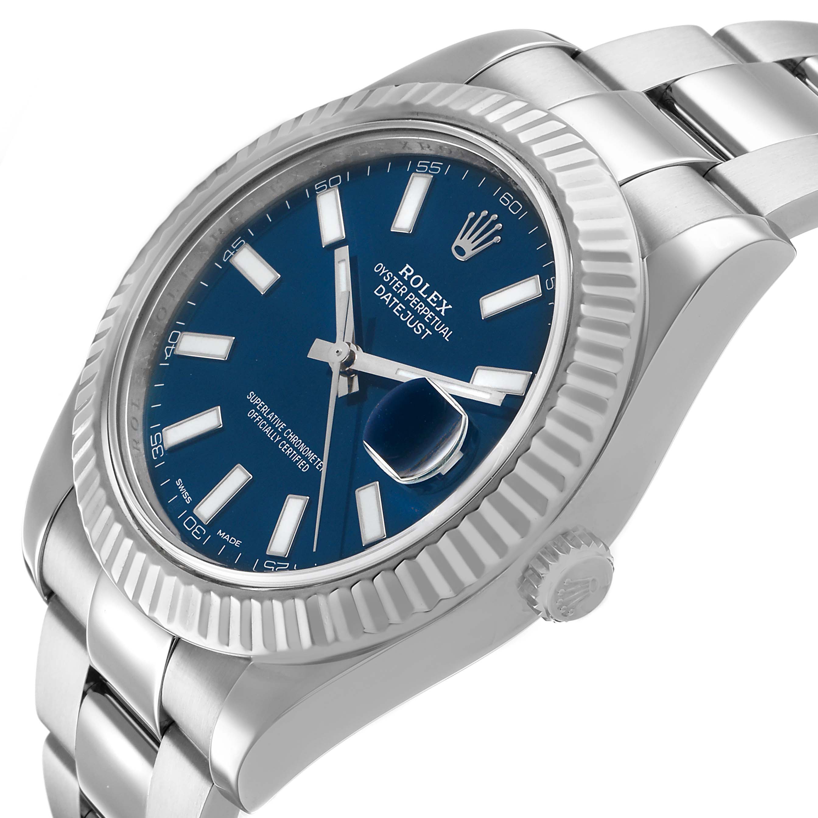 The Rolex Datejust 41 116334 Men's Stainless Steel Blue Dial watch is shown at an angle highlighting the dial, fluted bezel, bracelet, and crown.