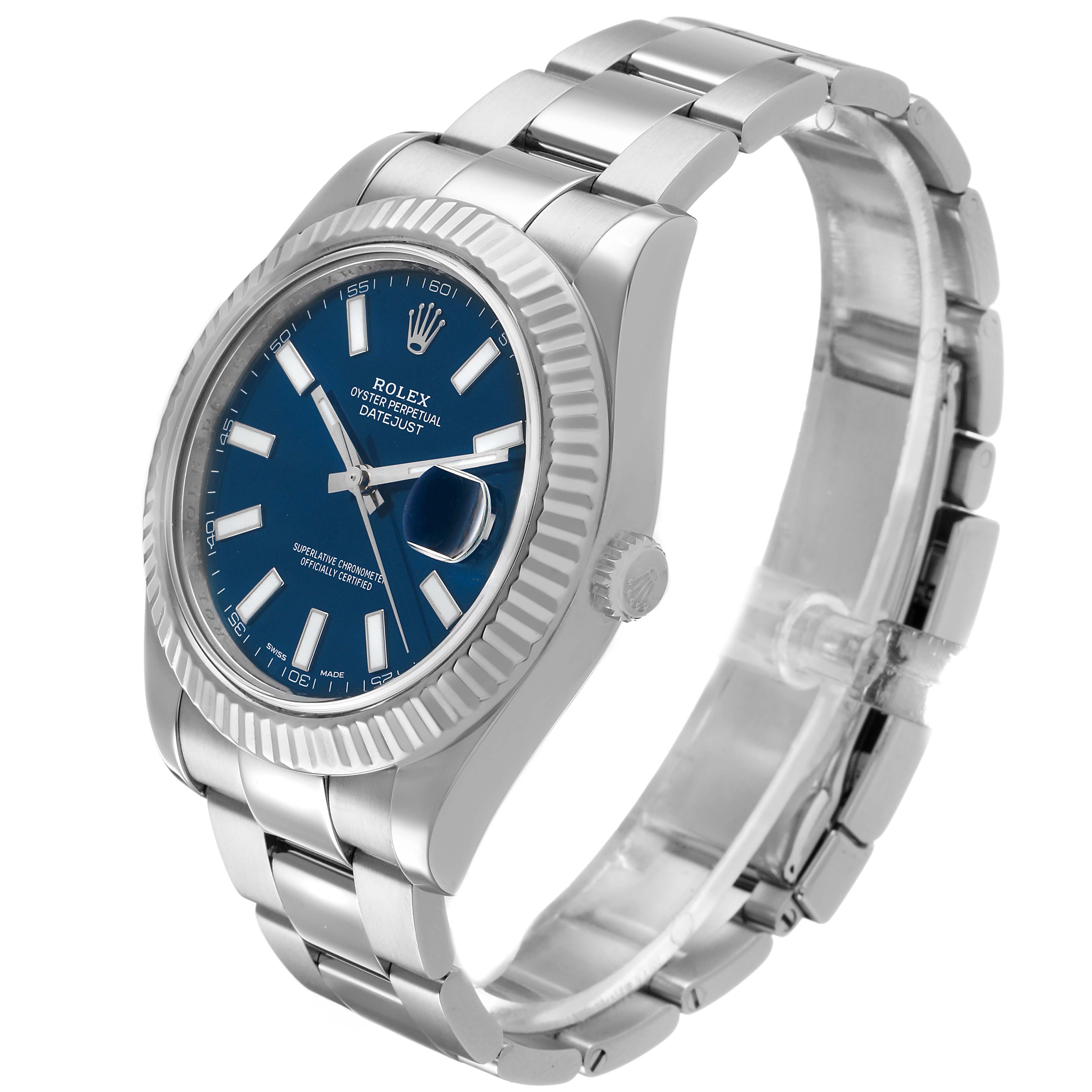 The Rolex Datejust 41 116334 Men's Stainless Steel Blue Dial is shown at a three-quarter angle, highlighting the blue dial, fluted bezel, and part of the bracelet.