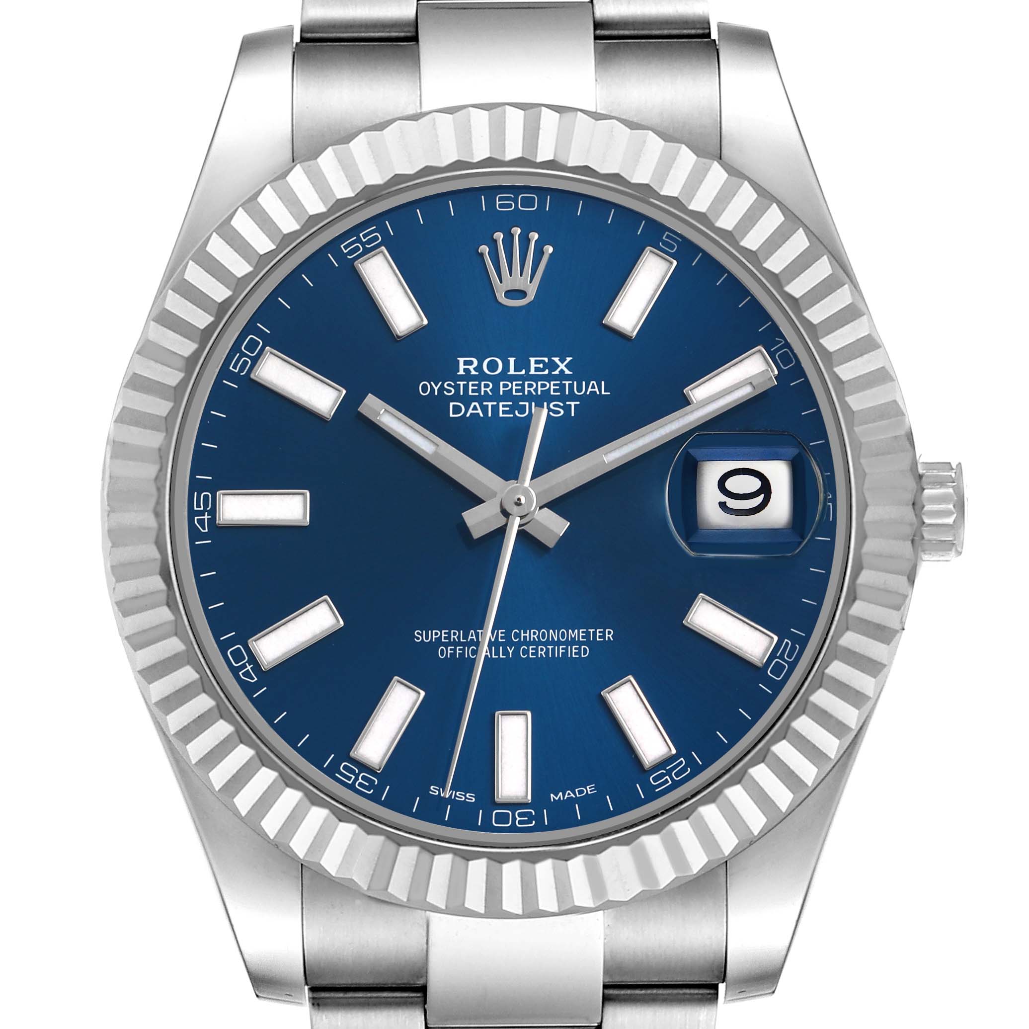 The Rolex Datejust 41 116334 Men's Stainless Steel Blue Dial is shown from a front view, highlighting its blue dial, fluted bezel, and date window.