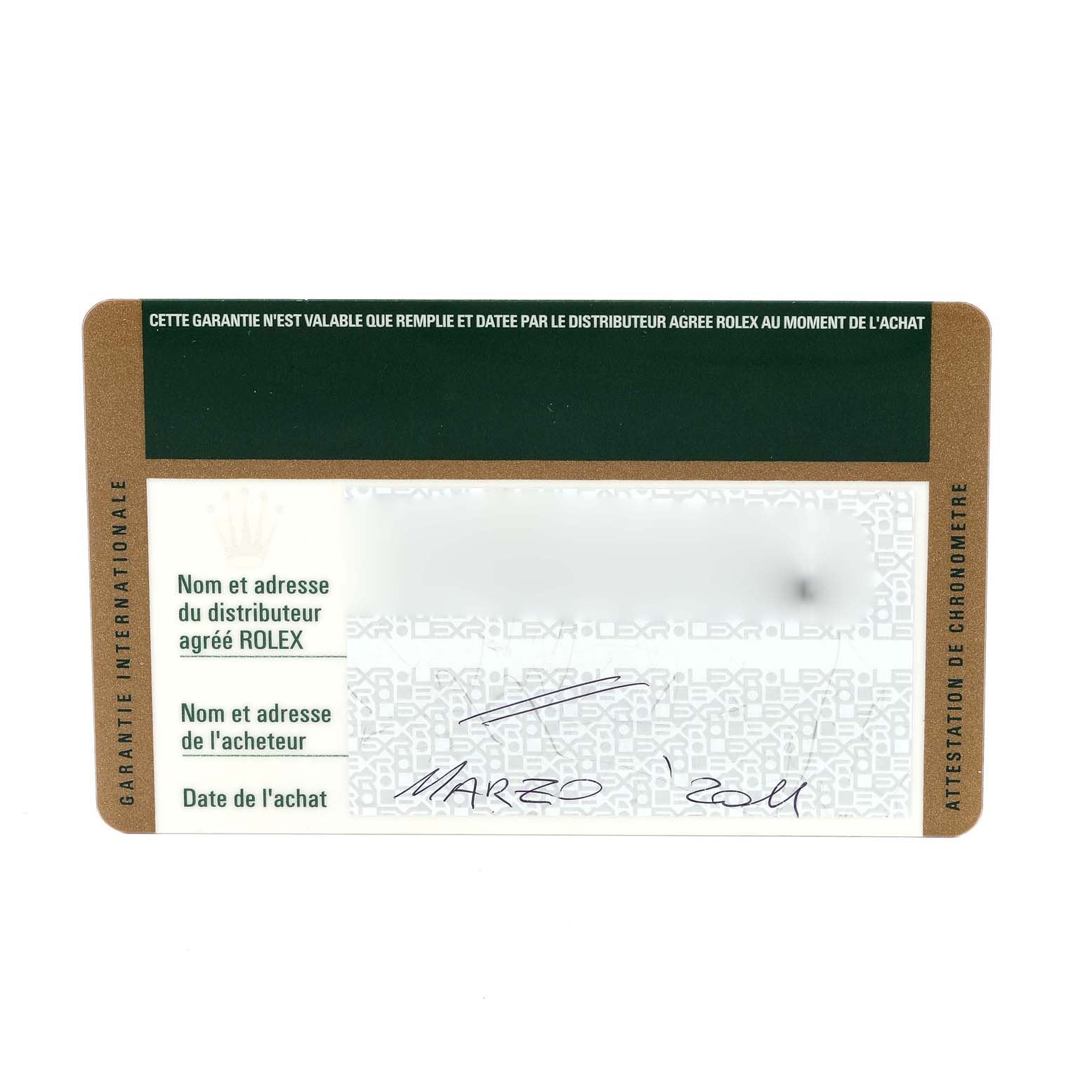 The image shows a warranty card for a Mid-Size Rolex watch, highlighting the purchase details and official distributor information.