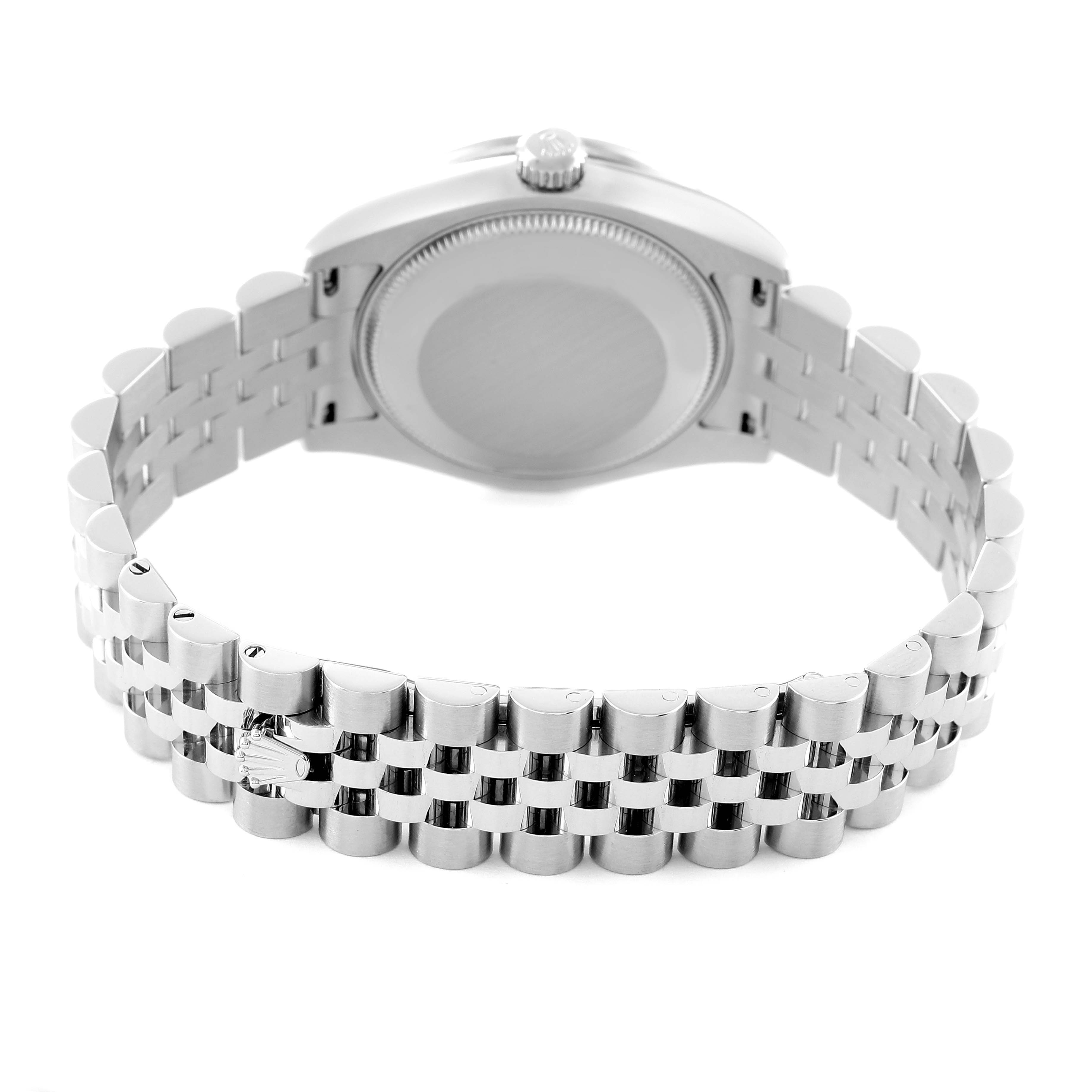 This image shows the back view of the case and bracelet of a mid-size Rolex watch.