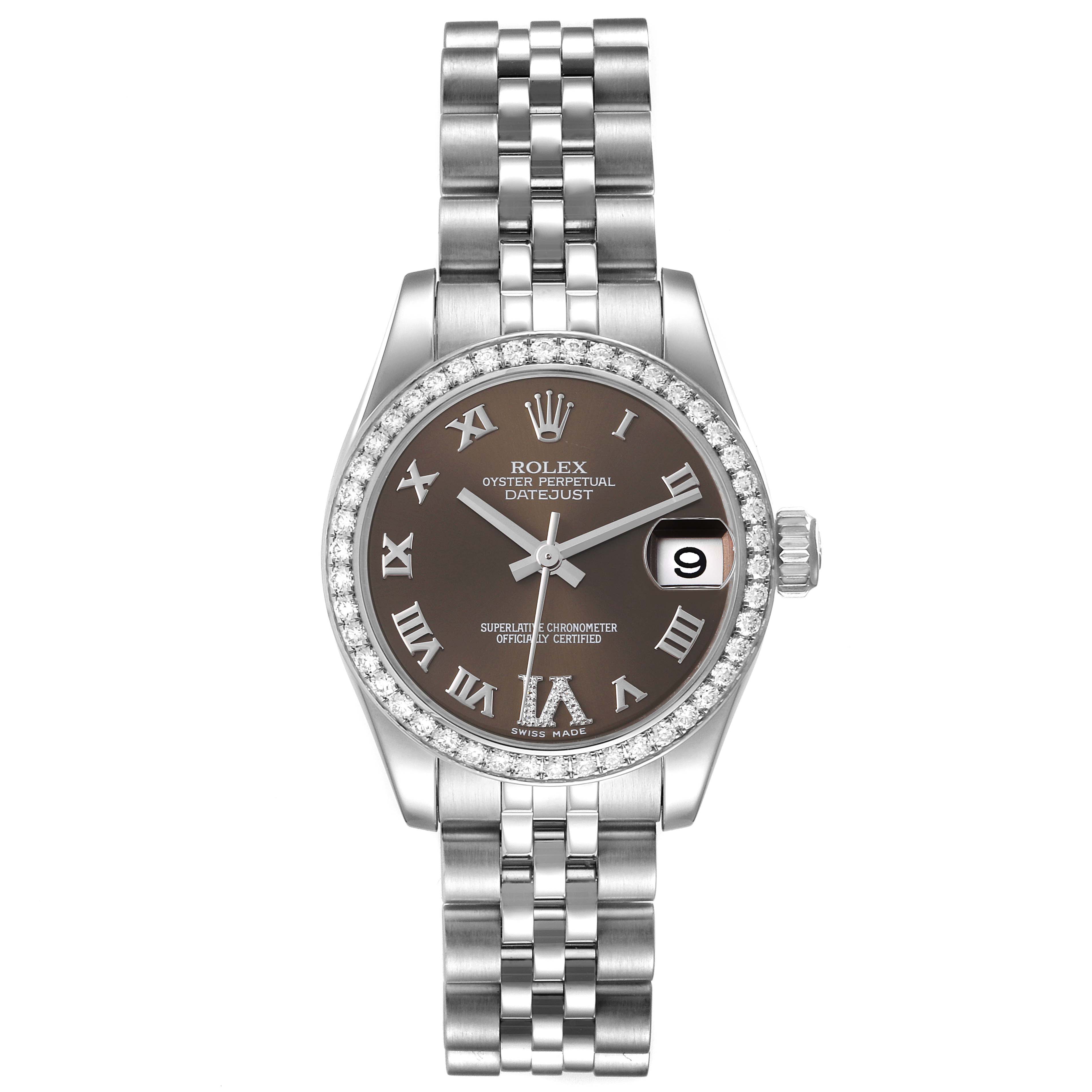 This Rolex Datejust Mid-Size watch is shown from a straight-on angle, displaying its face, bezel, and bracelet.