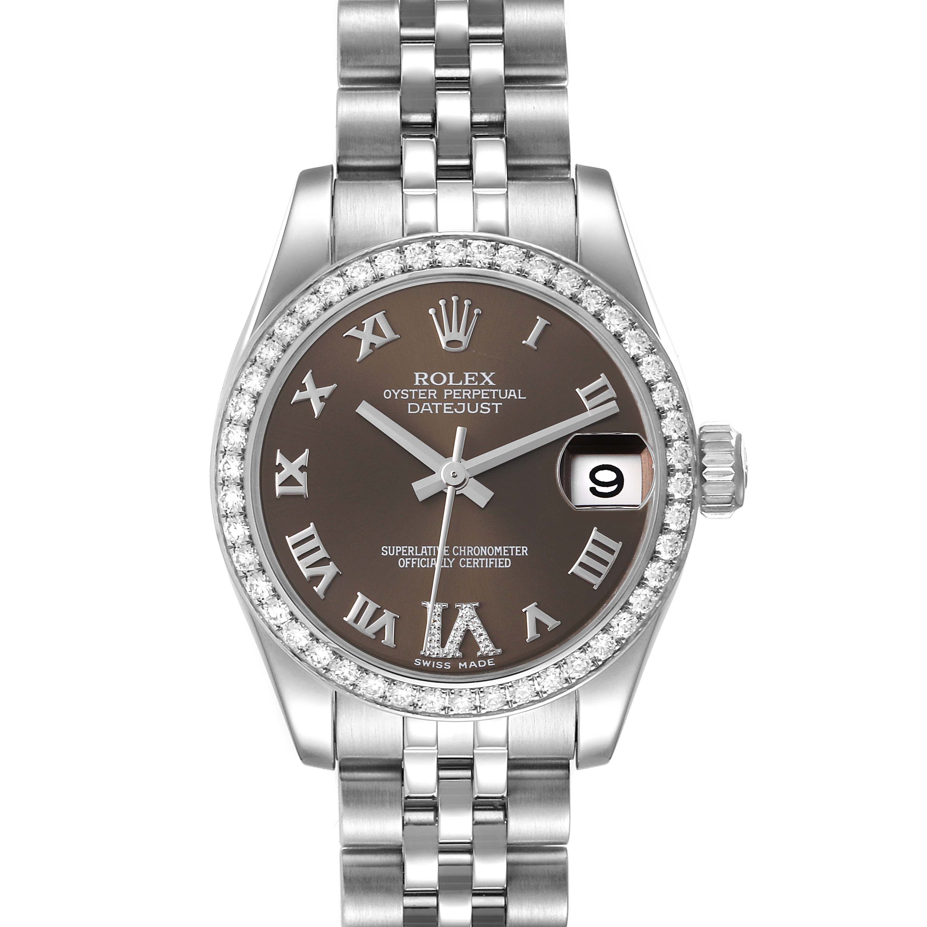 This is a front view of the Rolex Mid-Size 178384 Women's Stainless Steel Brown Dial 178384 Women's Stainless Steel Brown Dial Datejust, showcasing the dial, bezel, and bracelet.