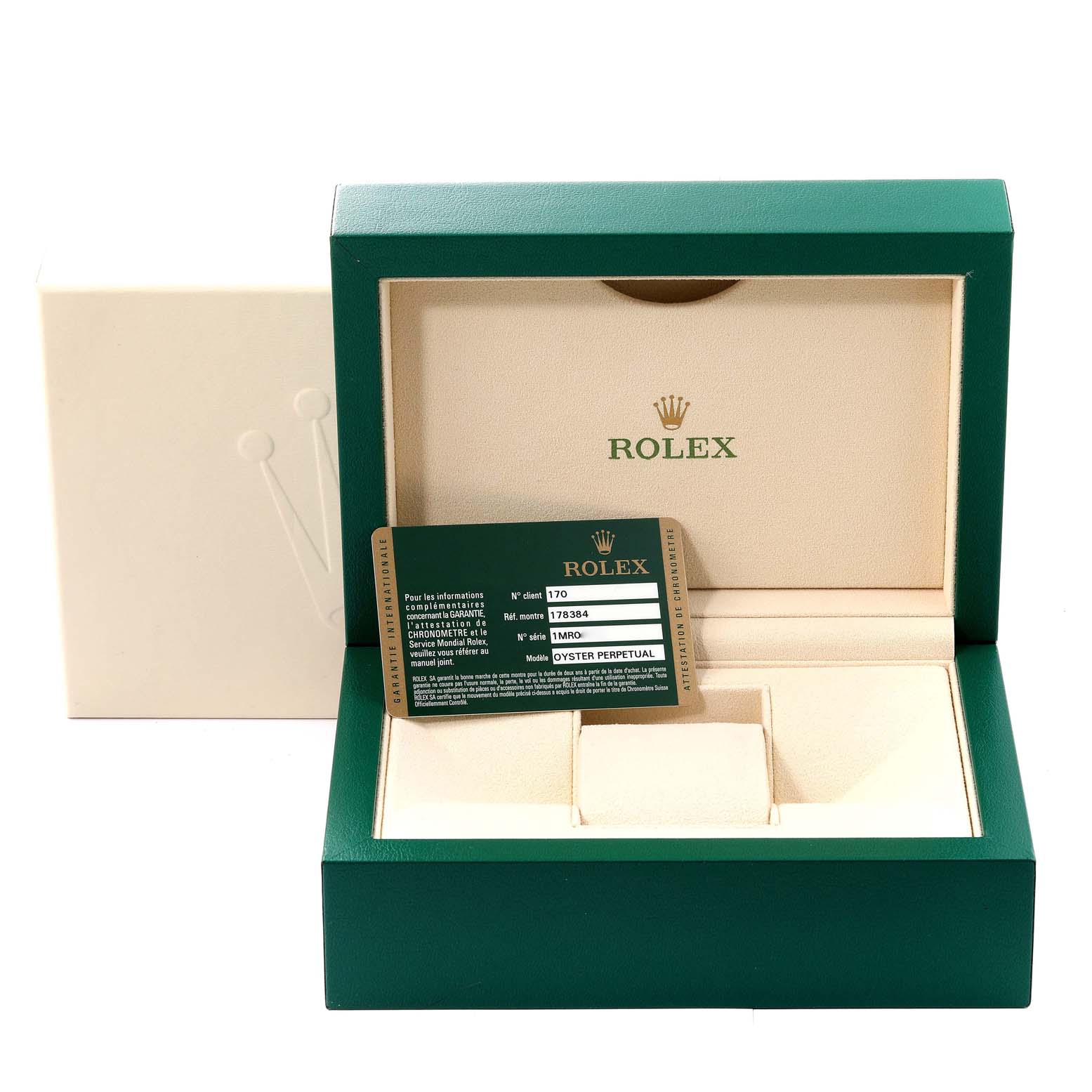 The image shows an open Rolex watch box with a warranty card for a Rolex Mid-Size 178384 Women's Stainless Steel Brown Dial 178384 Women's Stainless Steel Brown Dial model Oyster Perpetual.
