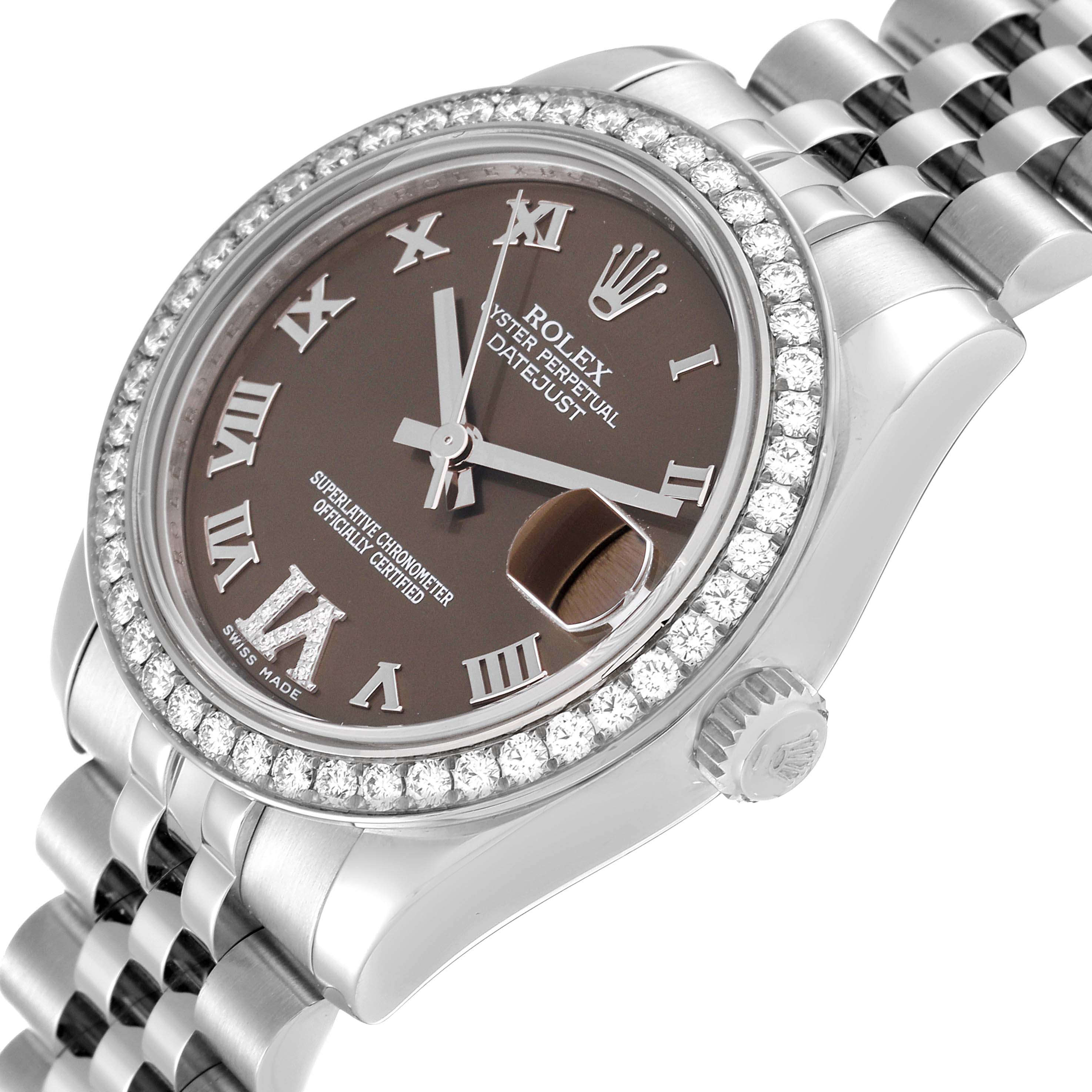 The image shows a Rolex Mid-Size 178384 Women's Stainless Steel Brown Dial 178384 Women's Stainless Steel Brown Dial watch, featuring its face, bezel, and part of the band at a three-quarter angle.