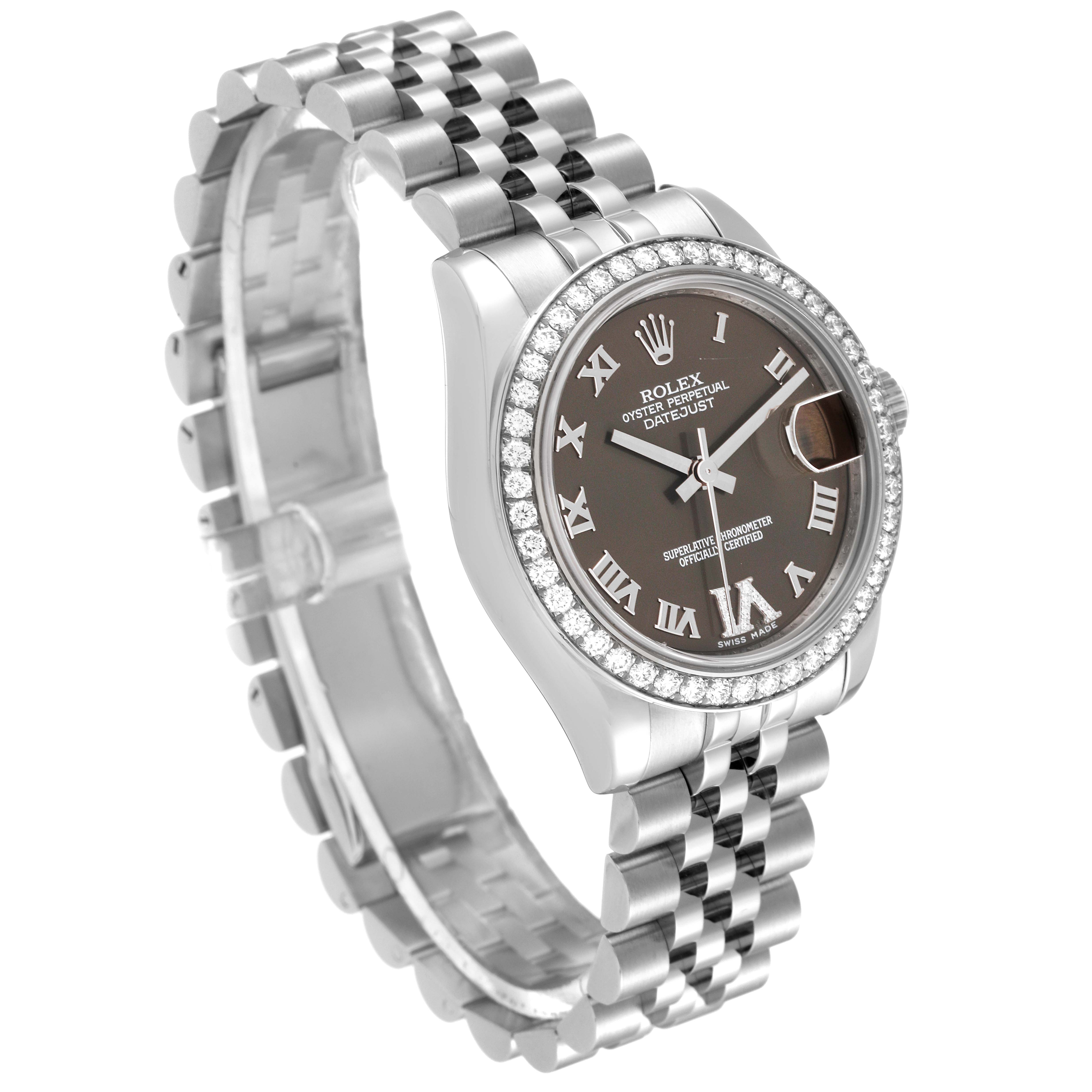 The Rolex Mid-Size 178384 Women's Stainless Steel Brown Dial 178384 Women's Stainless Steel Brown Dial Datejust watch is angled to show the dial, bezel, and part of the bracelet.