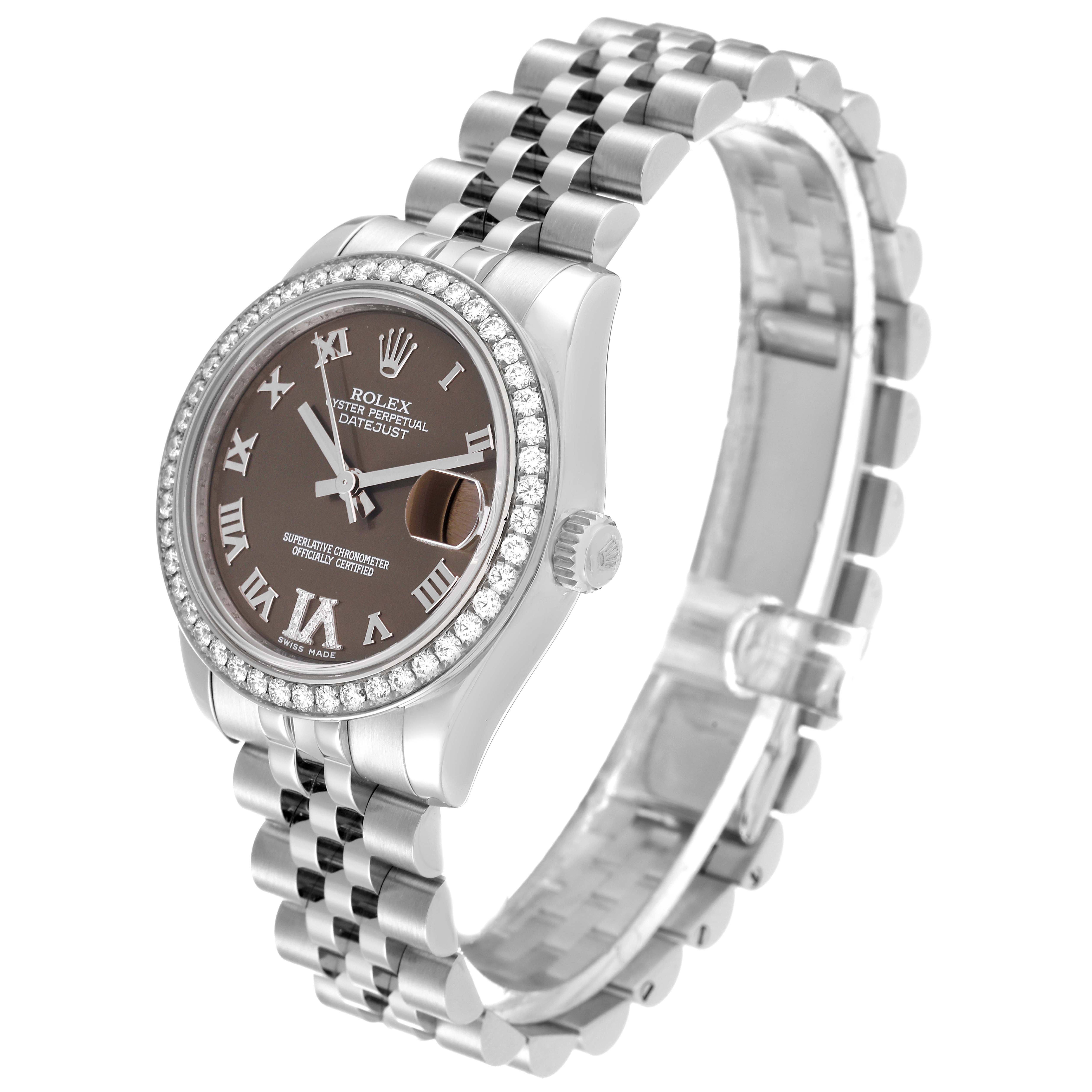 This Rolex Mid-Size 178384 Women's Stainless Steel Brown Dial 178384 Women's Stainless Steel Brown Dial model watch is shown at a slight angled side view, highlighting the bezel, crown, dial, and bracelet.