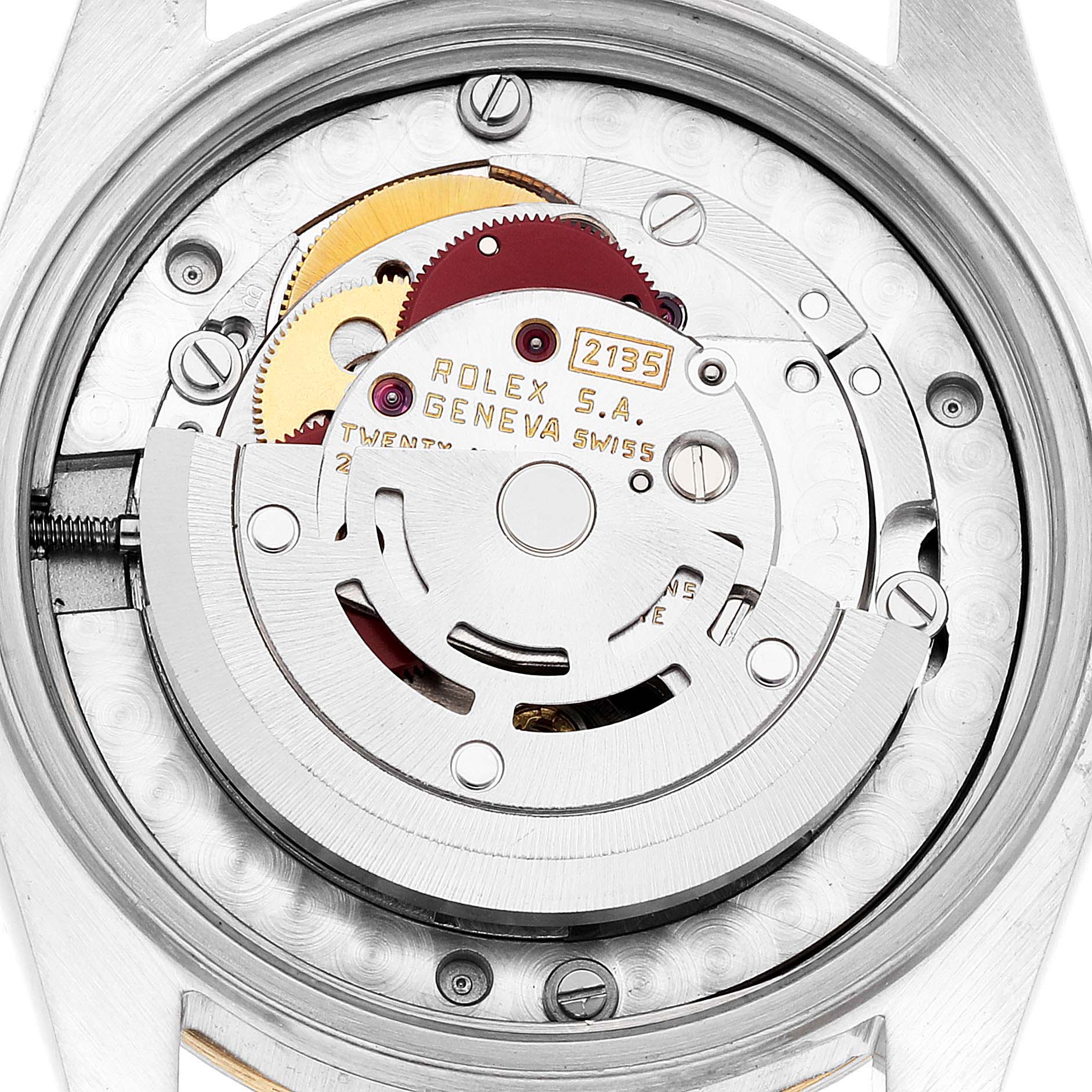 This image shows the internal movement mechanism of a Mid-Size Rolex watch, viewed from the back.