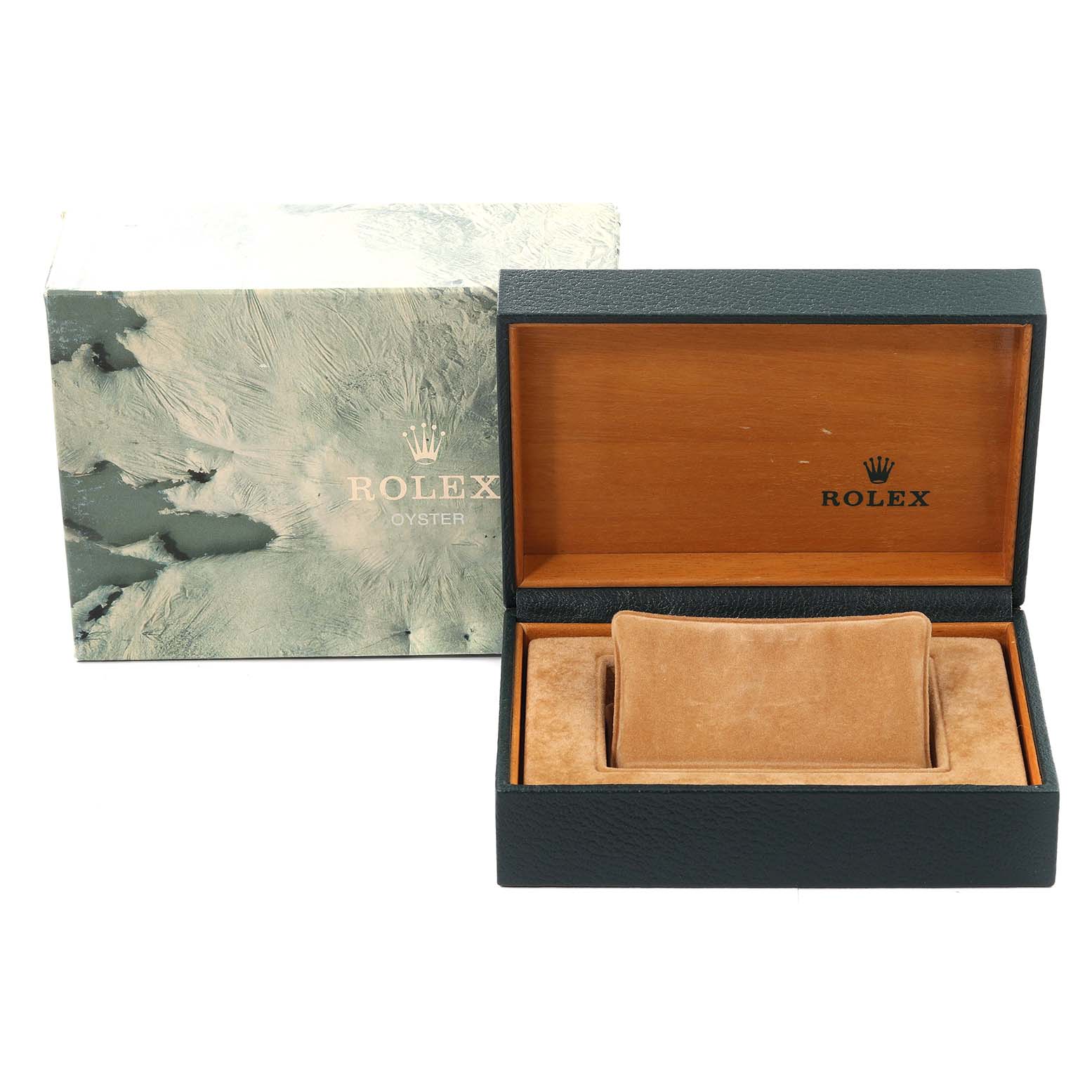 The image shows an open Rolex watch box and its outer packaging for a Mid-Size model.
