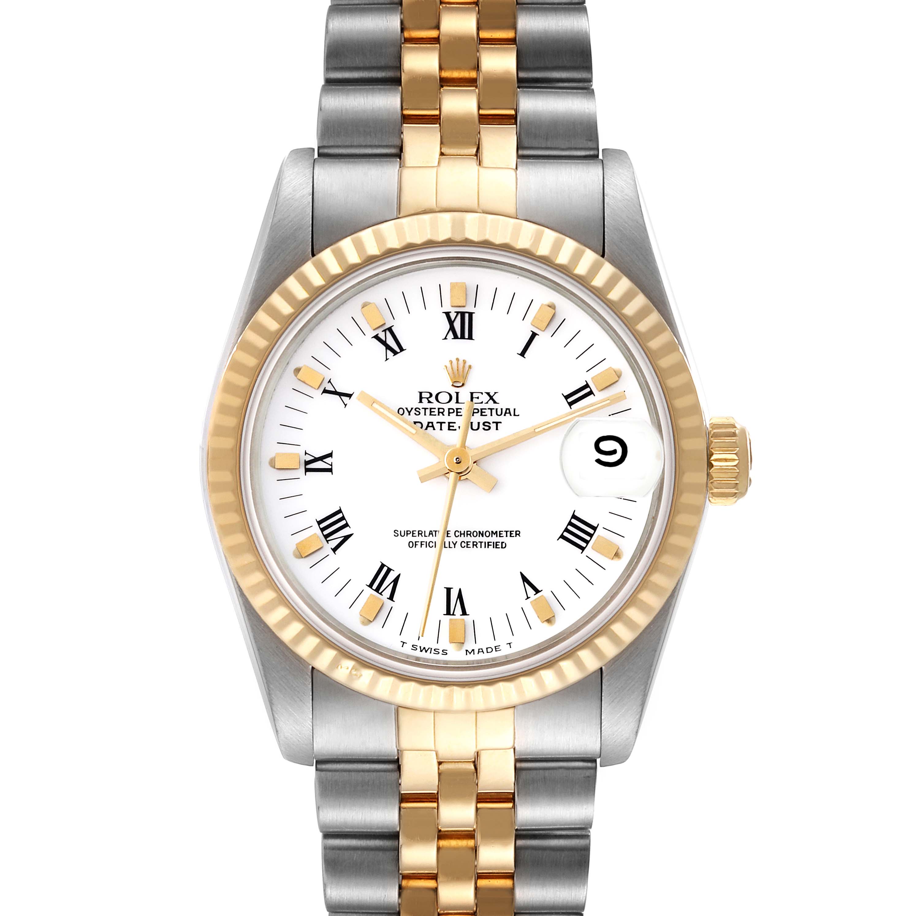 The image shows a front view of a Mid-Size Rolex Oyster Perpetual Datejust watch, highlighting its face, bezel, and bracelet.