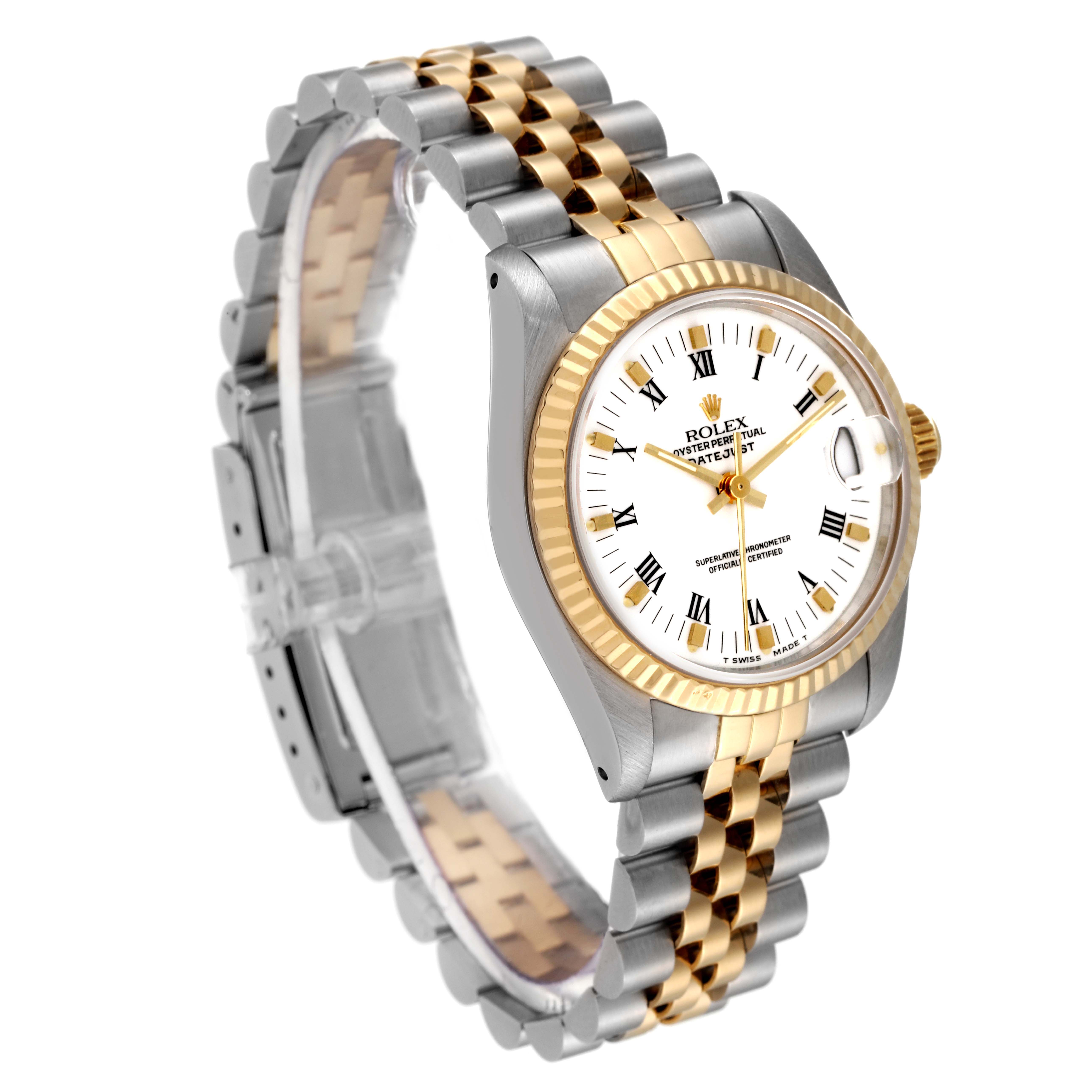 The image shows a Mid-Size Rolex watch from a three-quarter angle, highlighting the face, bezel, and two-tone bracelet.