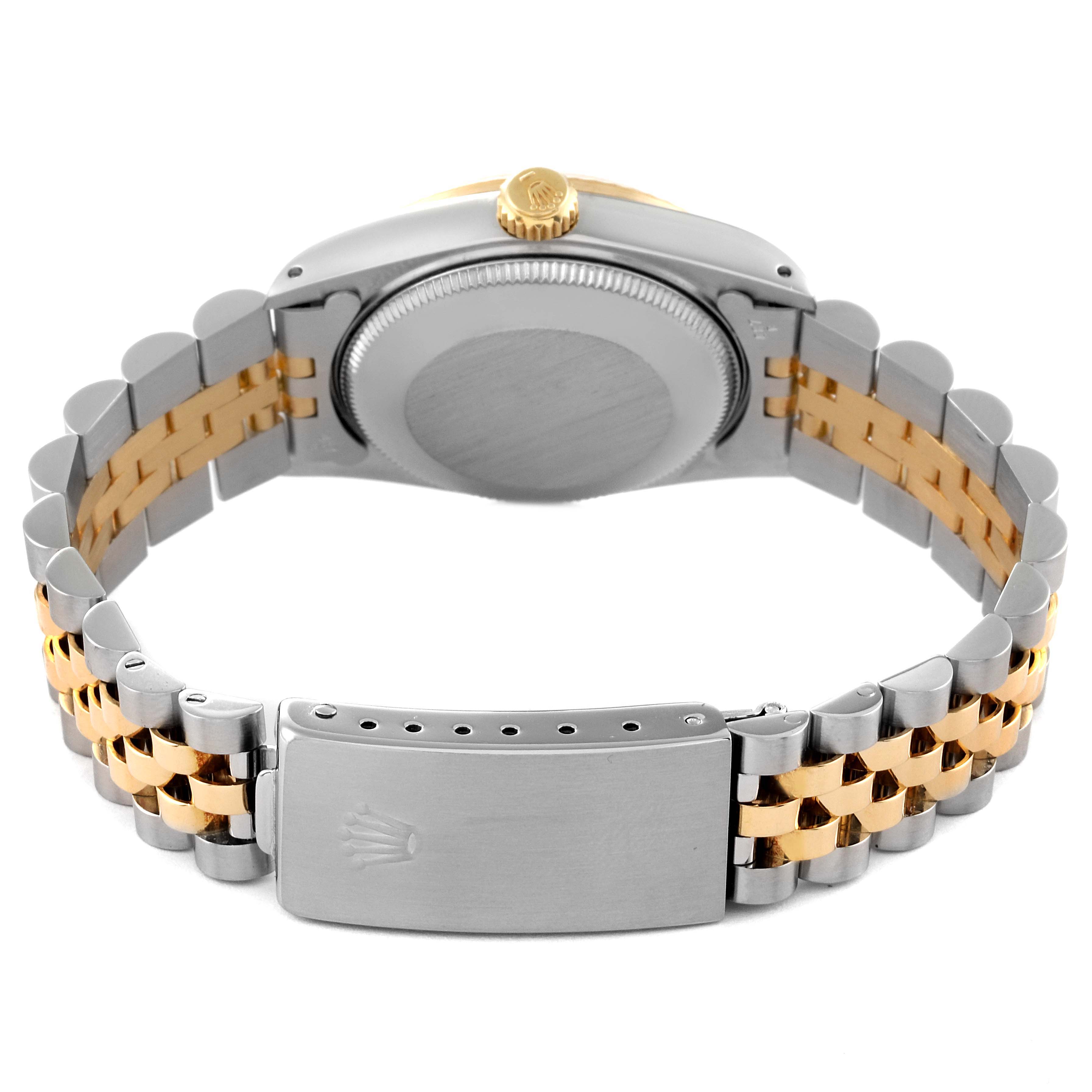 The image shows the backside, clasp, and bracelet of a Mid-Size Rolex watch.