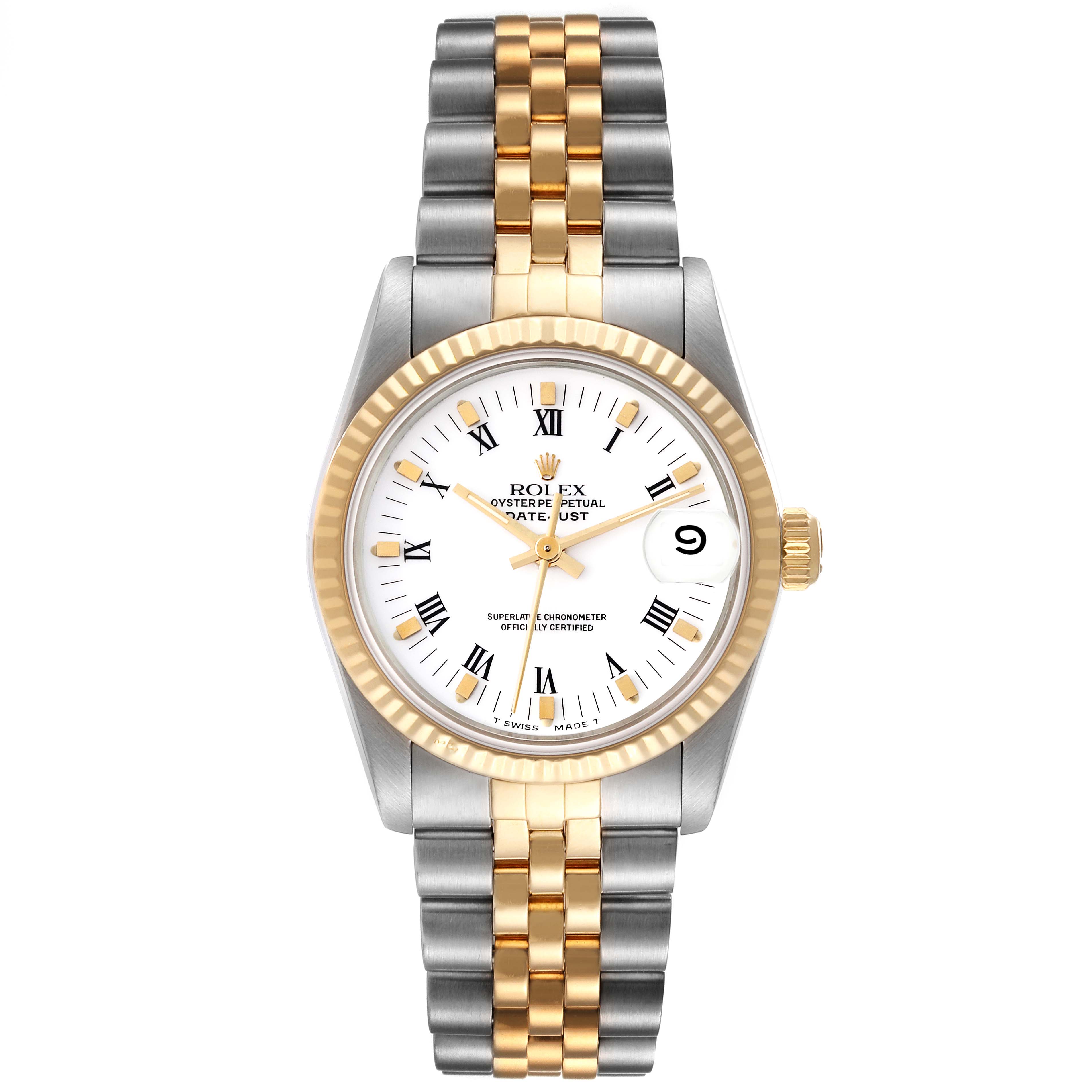 The image shows a front view of a Rolex Mid-Size 68273 Women
s Steel and Gold (two tone) White Dial 68273 Women
s Steel and Gold (two tone) White Dial Datejust watch with a two-tone metal band and a white dial.