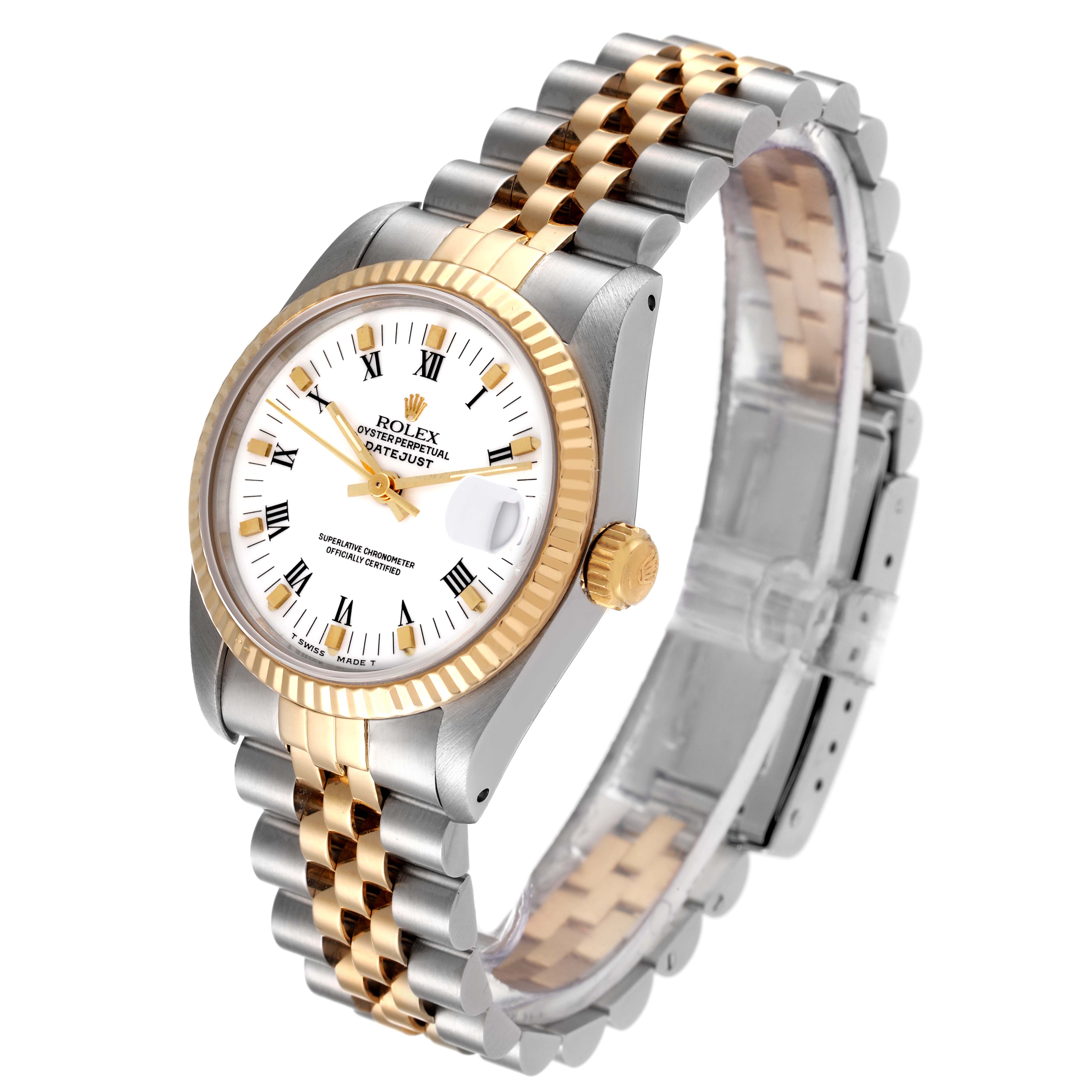 This Rolex Mid-Size 68273 Women
s Steel and Gold (two tone) White Dial 68273 Women
s Steel and Gold (two tone) White Dial Datejust watch is shown from a side angle, displaying the face, bezel, crown, and two-tone bracelet.
