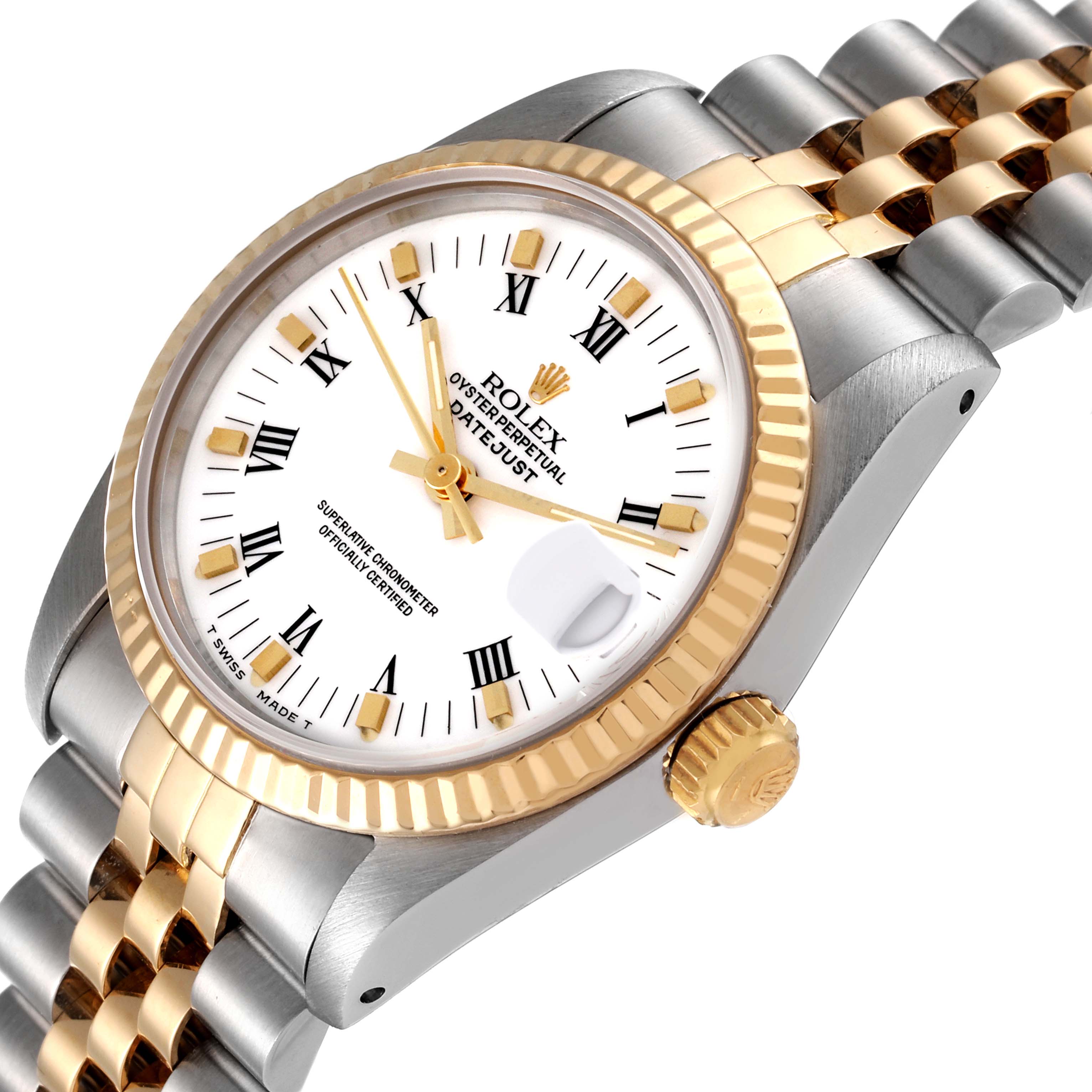 The image shows a Rolex Mid-Size 68273 Women
s Steel and Gold (two tone) White Dial 68273 Women
s Steel and Gold (two tone) White Dial Datejust watch at an angled view, highlighting the dial, bezel, crown, and part of the bracelet.
