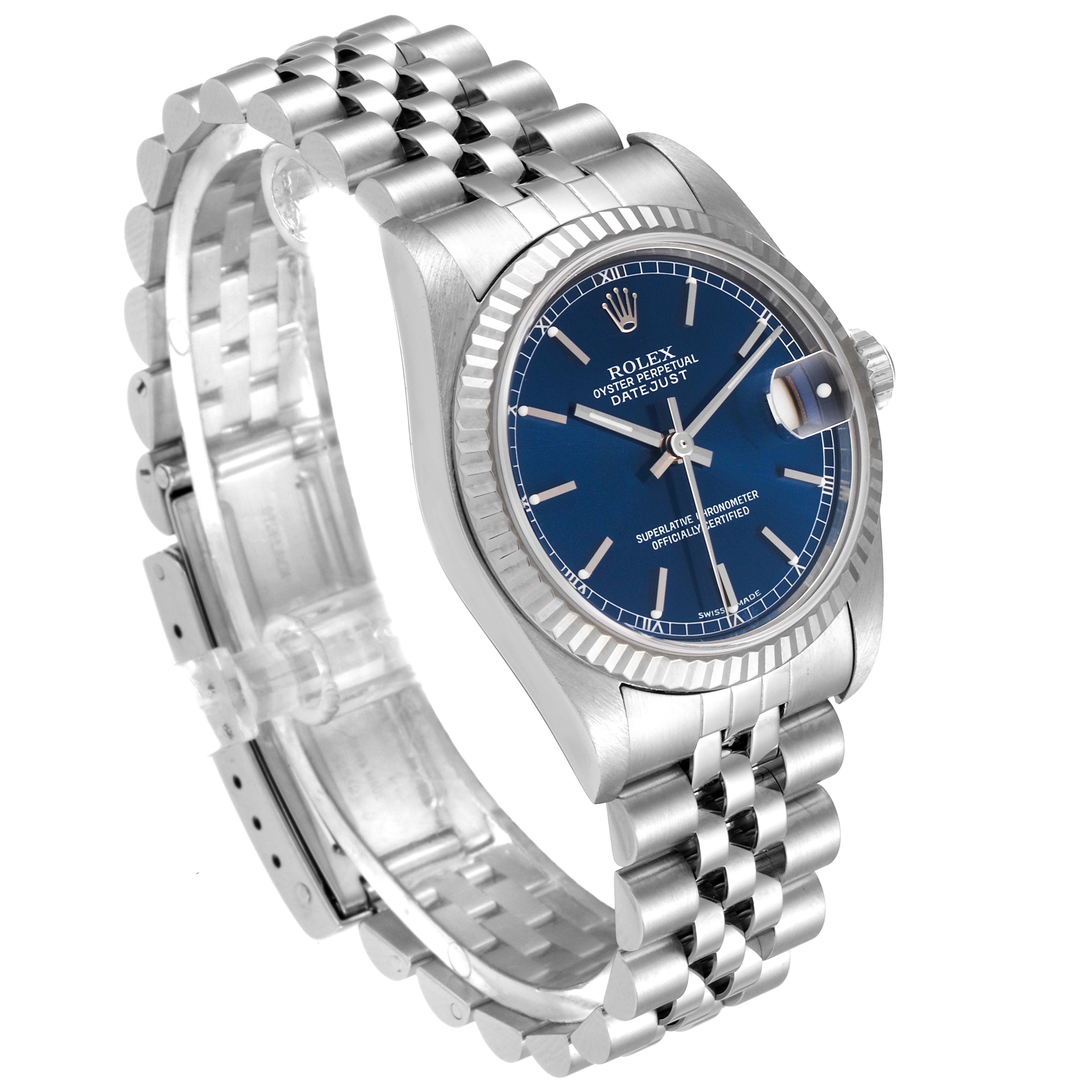 The image shows a Rolex Mid-Size 78274 Women's Stainless Steel Blue Dial 78274 Women's Stainless Steel Blue Dial Datejust watch at a slight angle, highlighting its blue dial, fluted bezel, and jubilee bracelet.