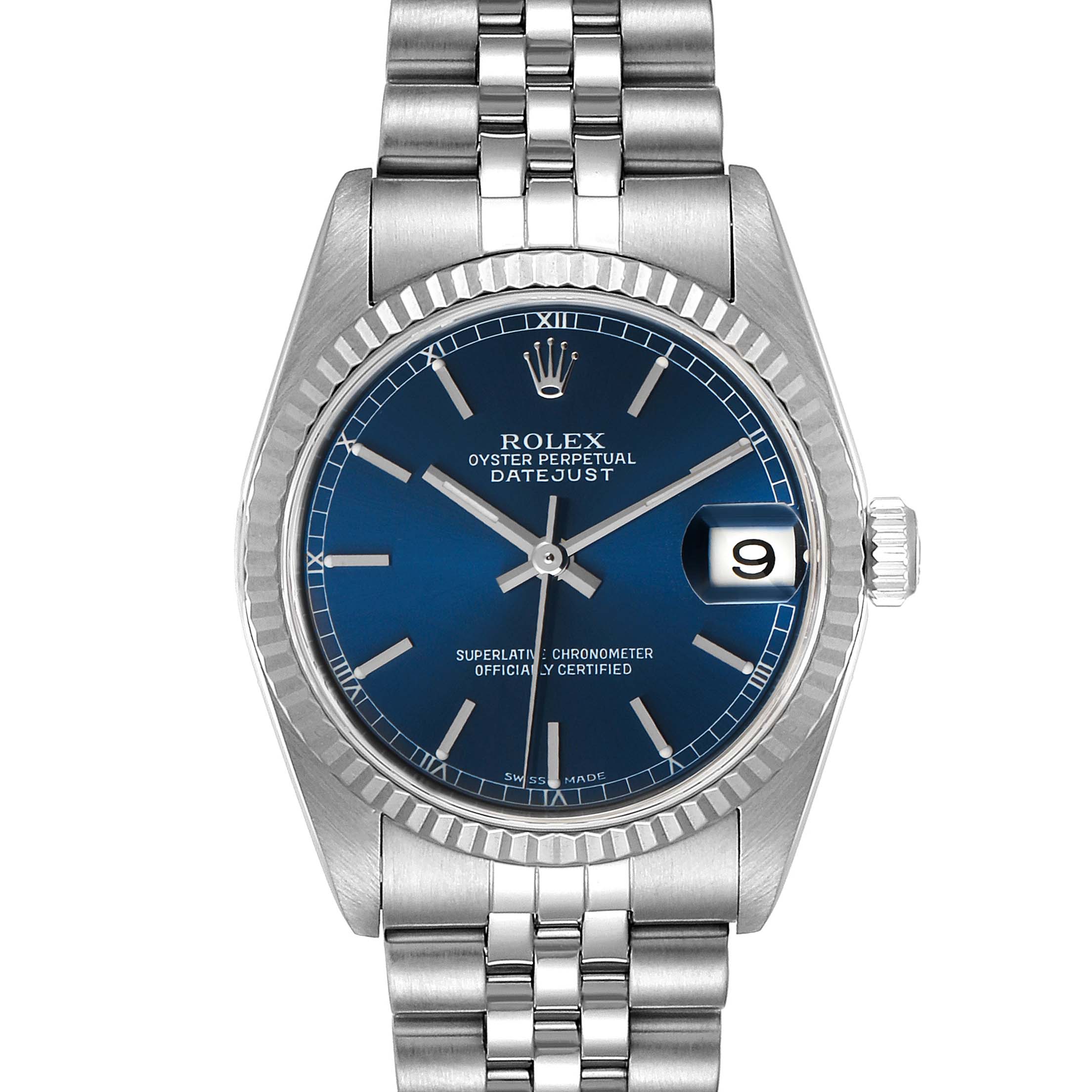 This image shows a front view of the Rolex Mid-Size 78274 Women's Stainless Steel Blue Dial 78274 Women's Stainless Steel Blue Dial Oyster Perpetual Datejust watch, highlighting the blue dial, bracelet, and date window.