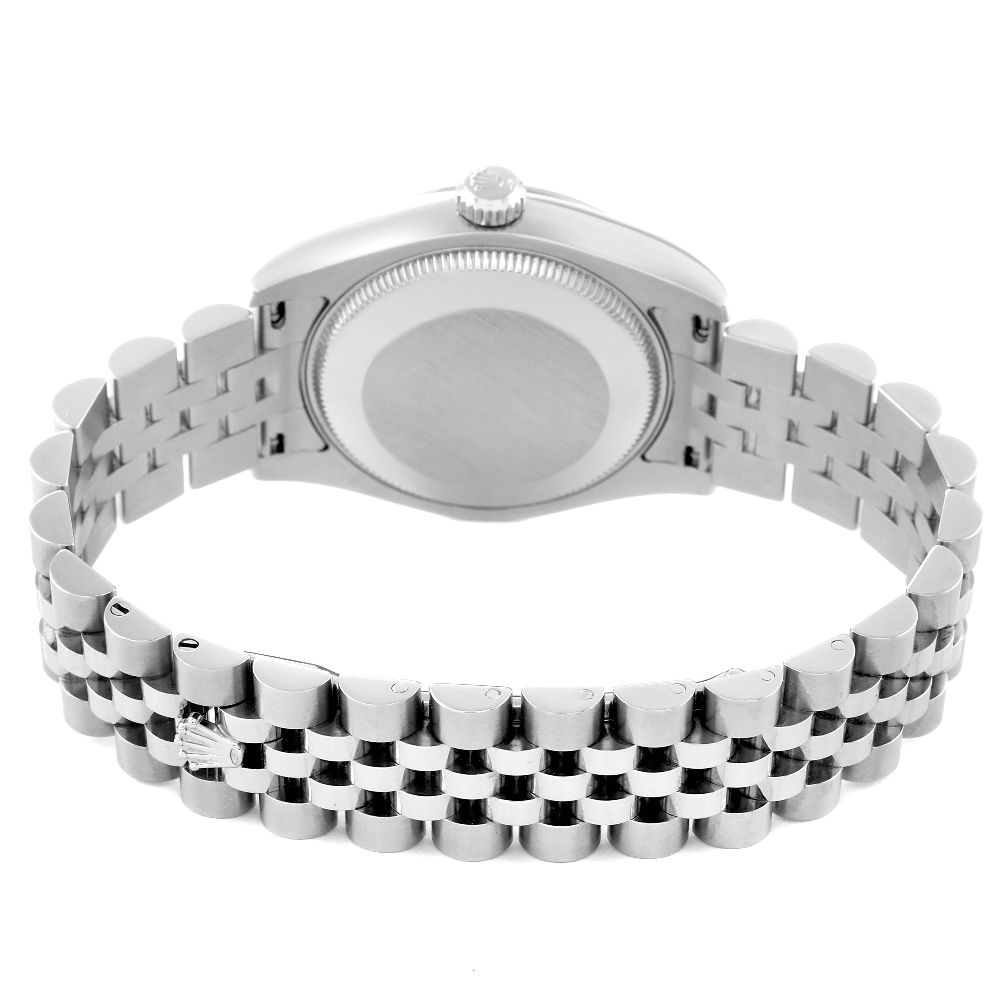 The image shows the back view of the Rolex Mid-Size 178274 Women's Stainless Steel Mother of Pearl Dial 178274 Women's Stainless Steel Mother of Pearl Dial model, highlighting the case back and Jubilee bracelet.