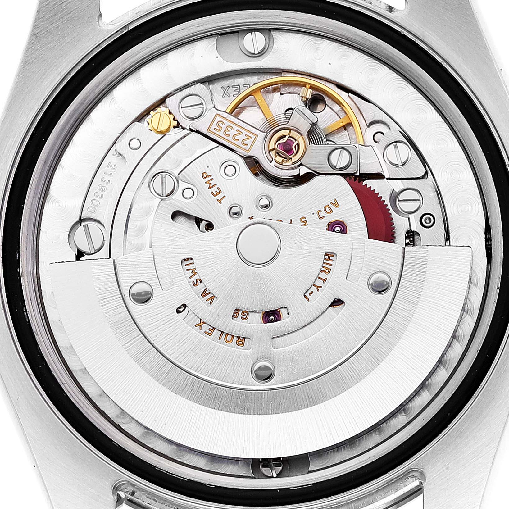 This is a close-up view of the movement and inner mechanism of a Rolex Mid-Size 178274 Women's Stainless Steel Mother of Pearl Dial 178274 Women's Stainless Steel Mother of Pearl Dial model watch.