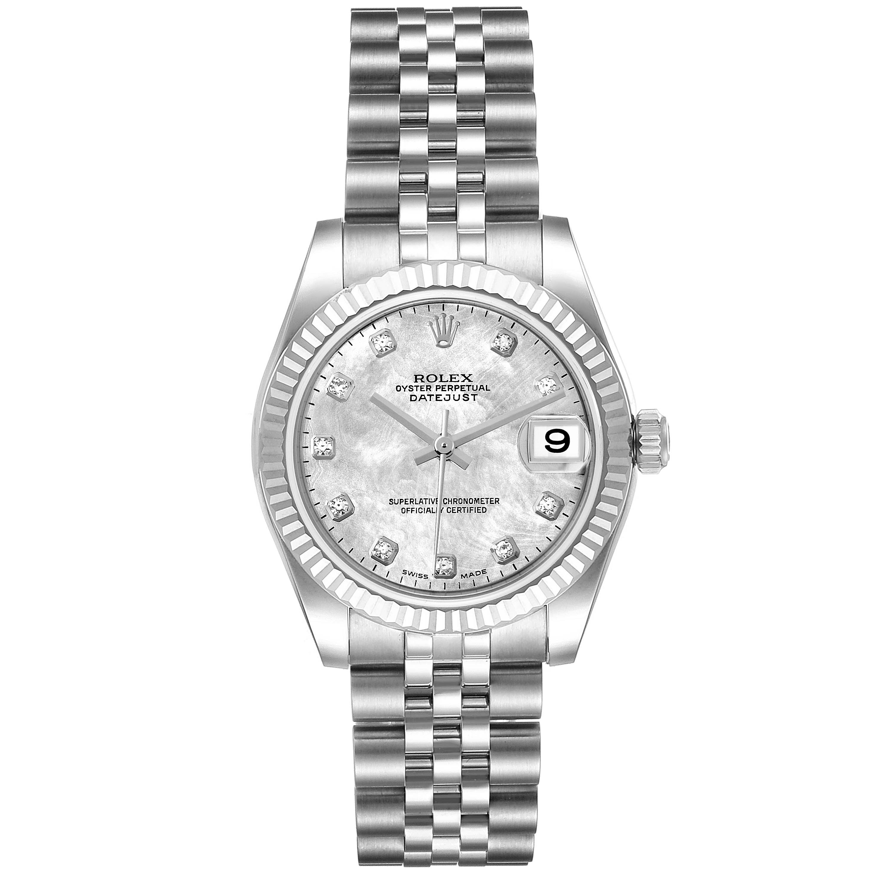 This image shows a front view of a Rolex Oyster Perpetual Datejust Mid-Size watch, revealing the dial, case, bezel, and bracelet.