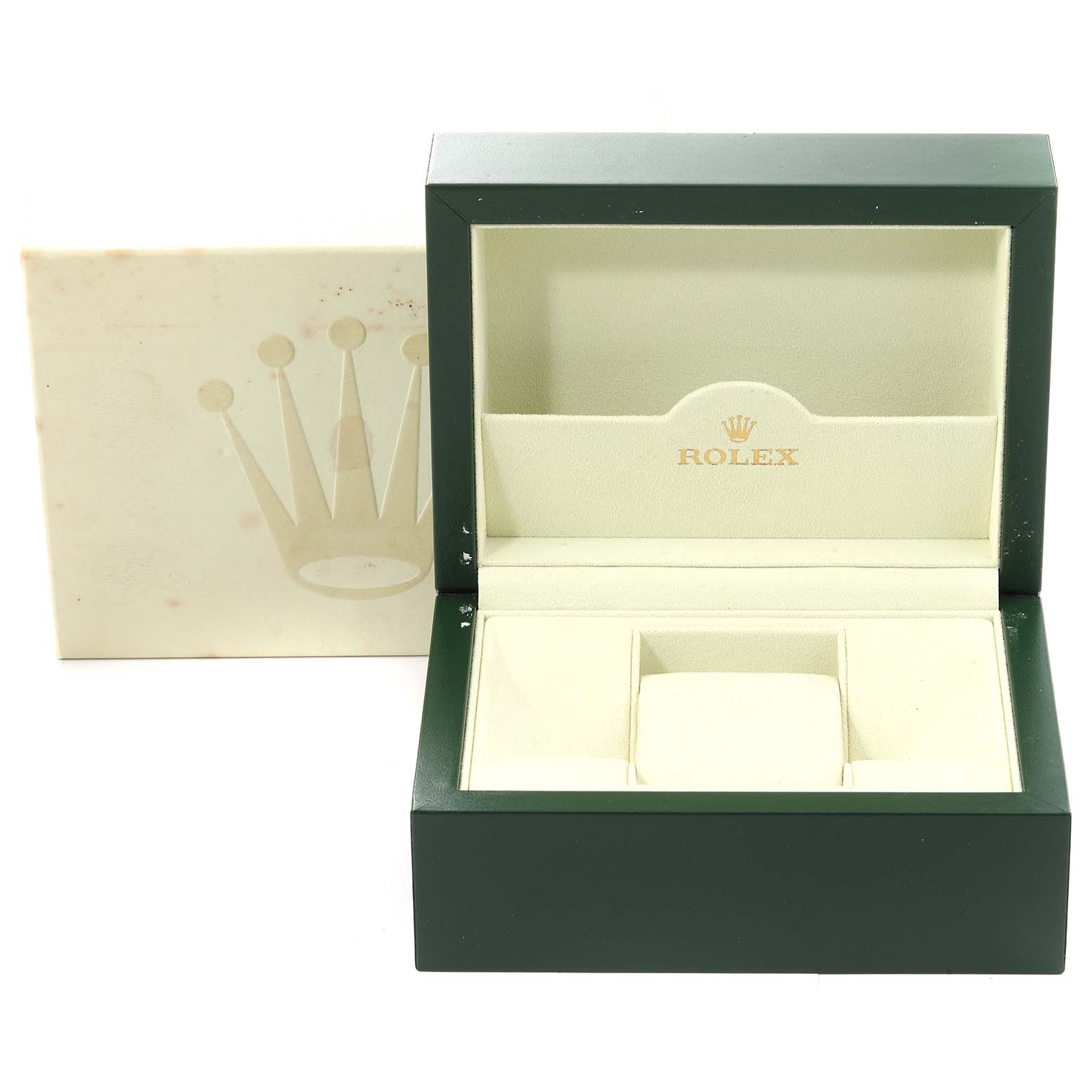 The image shows an open Rolex Mid-Size 178274 Women's Stainless Steel Mother of Pearl Dial 178274 Women's Stainless Steel Mother of Pearl Dial watch box with the Rolex logo inside, lid open, and an outer cardboard box in the background.