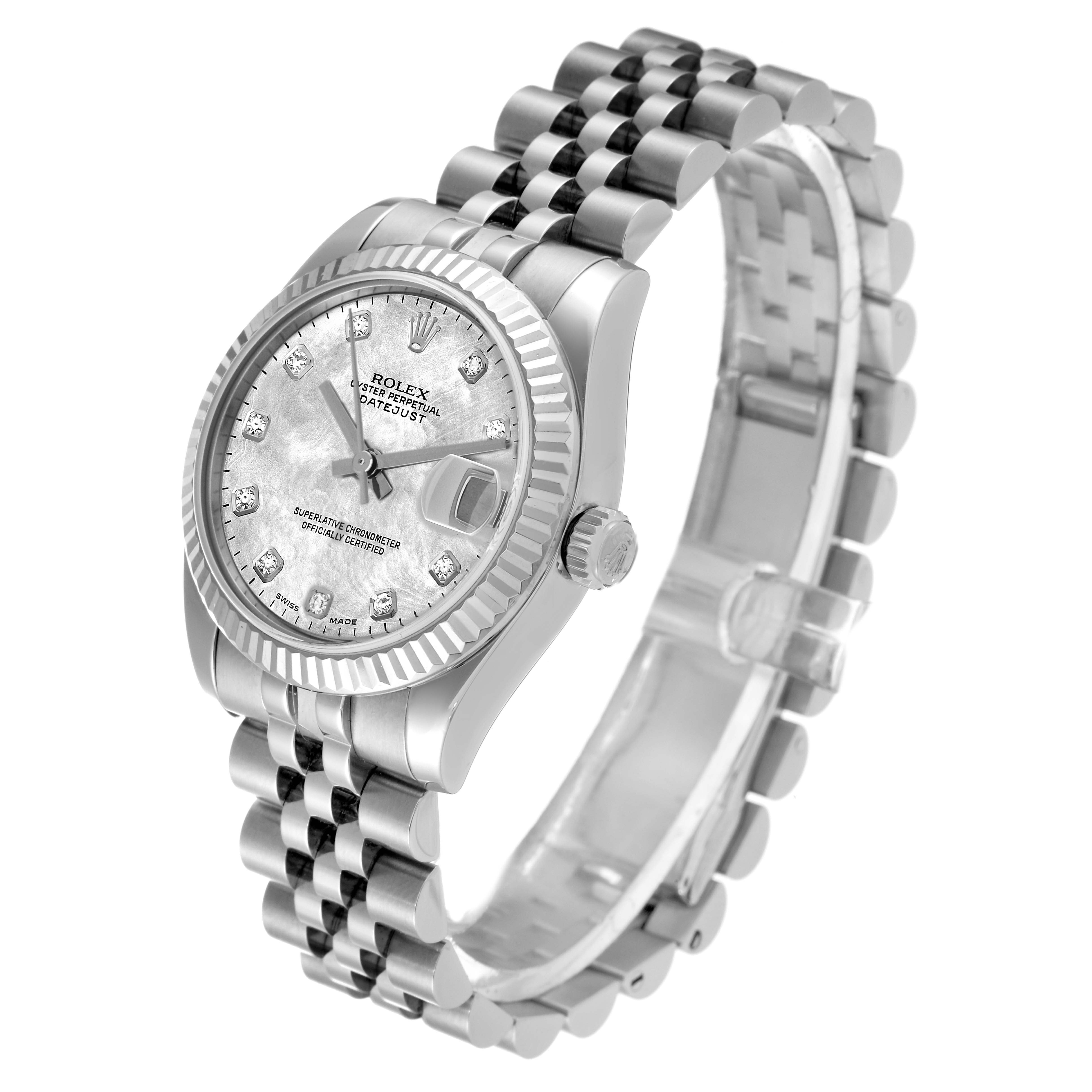 This image shows a side angle view of a Rolex Mid-Size 178274 Women's Stainless Steel Mother of Pearl Dial 178274 Women's Stainless Steel Mother of Pearl Dial Datejust watch, highlighting the face, crown, and bracelet.