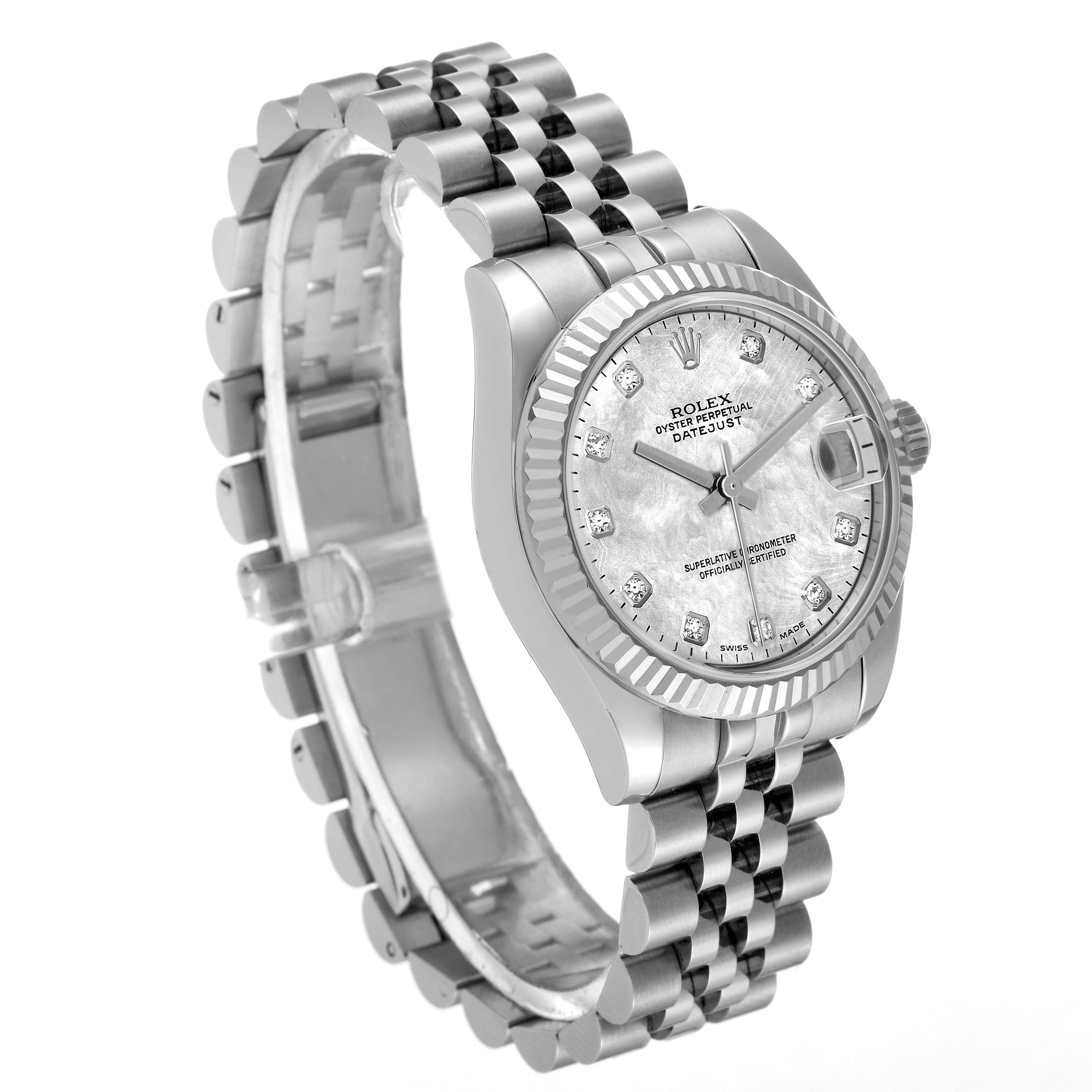 This is a Rolex Mid-Size 178274 Women's Stainless Steel Mother of Pearl Dial 178274 Women's Stainless Steel Mother of Pearl Dial Oyster Perpetual Datejust model shown at an angled side view highlighting the face and bracelet.