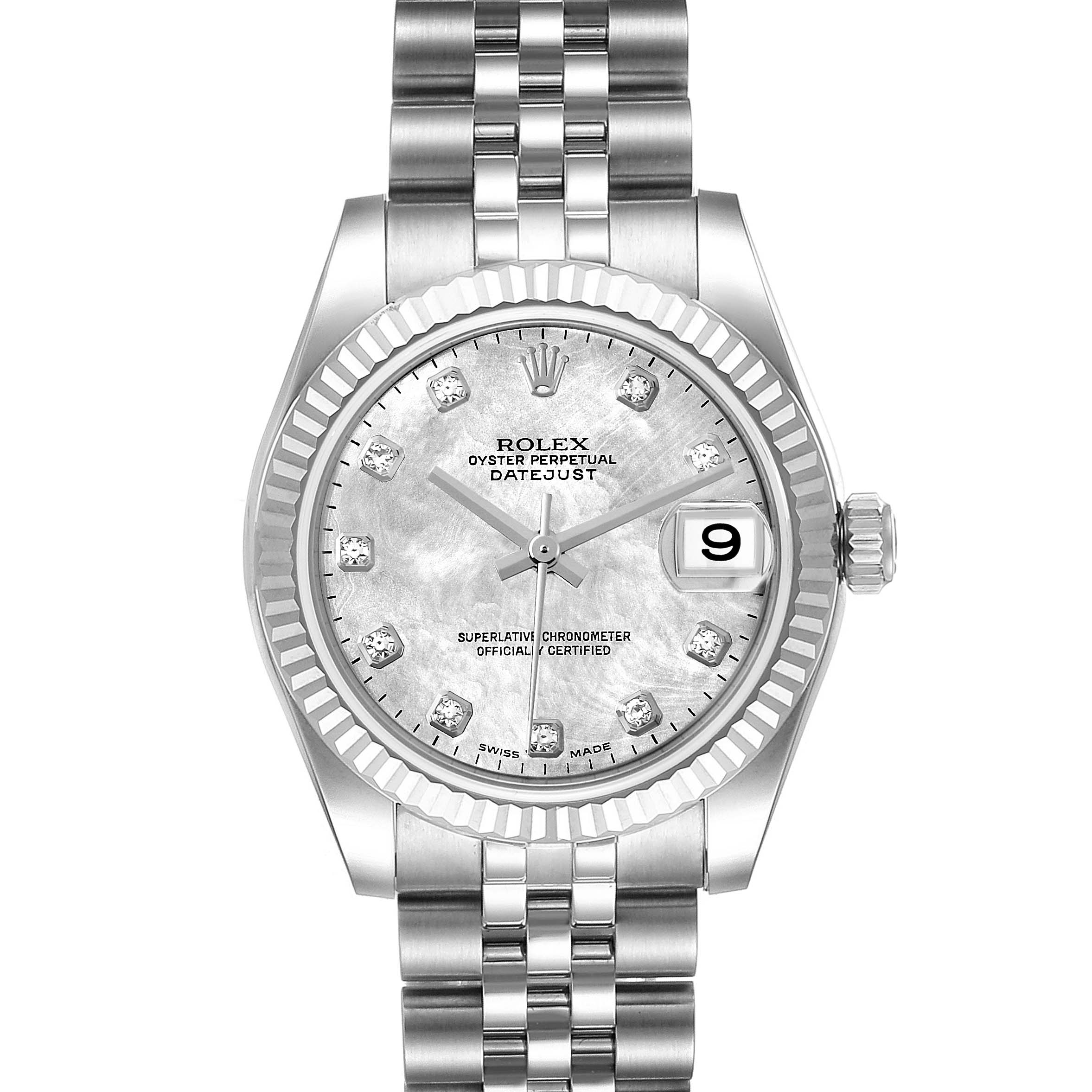 This is a front view of the Rolex Datejust Mid-Size watch, showing the bracelet, case, dial, hands, and date window.